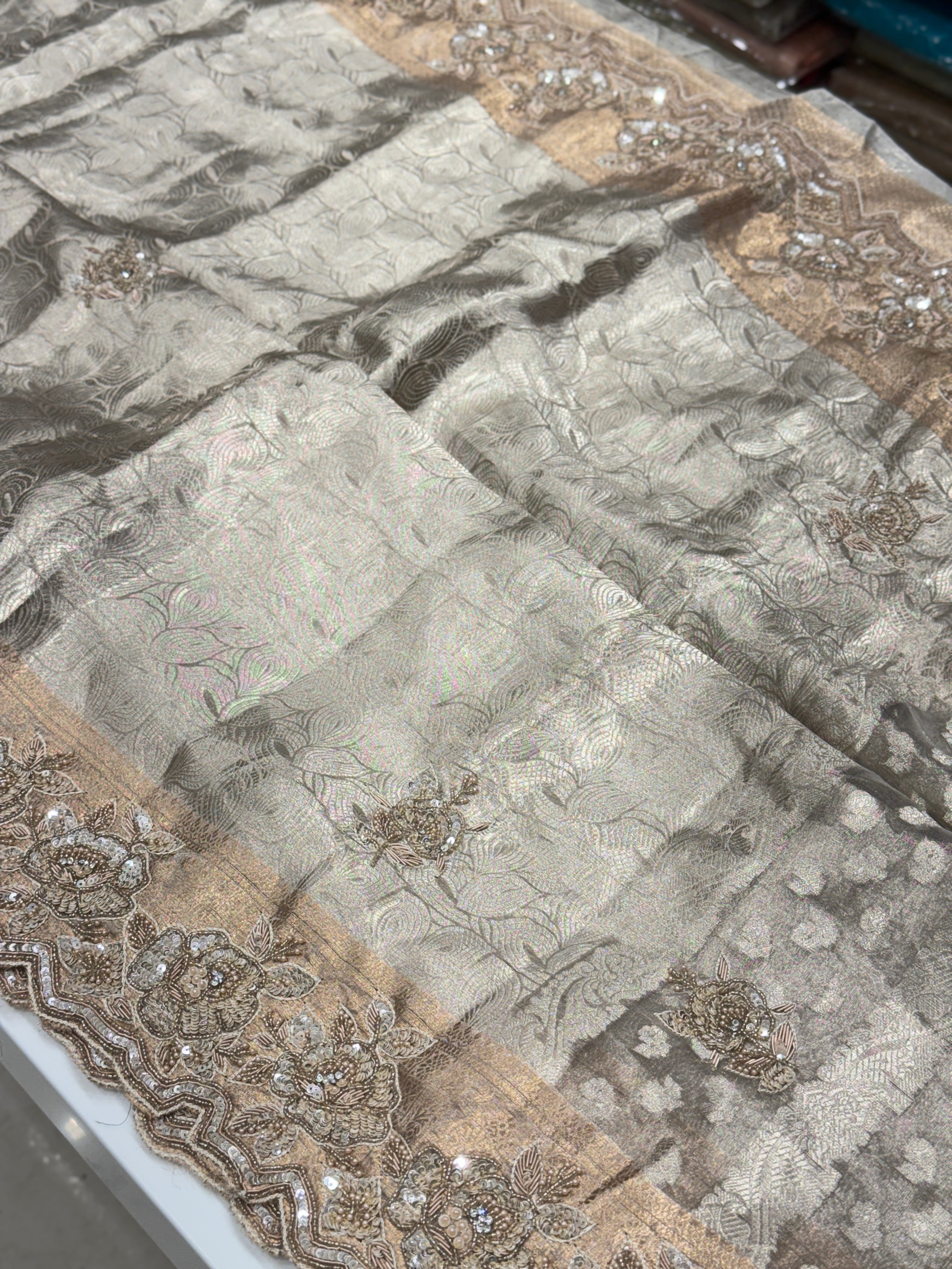 Silver Tissue Kanjivaram Hand Embroidery Contemporary Style Saree