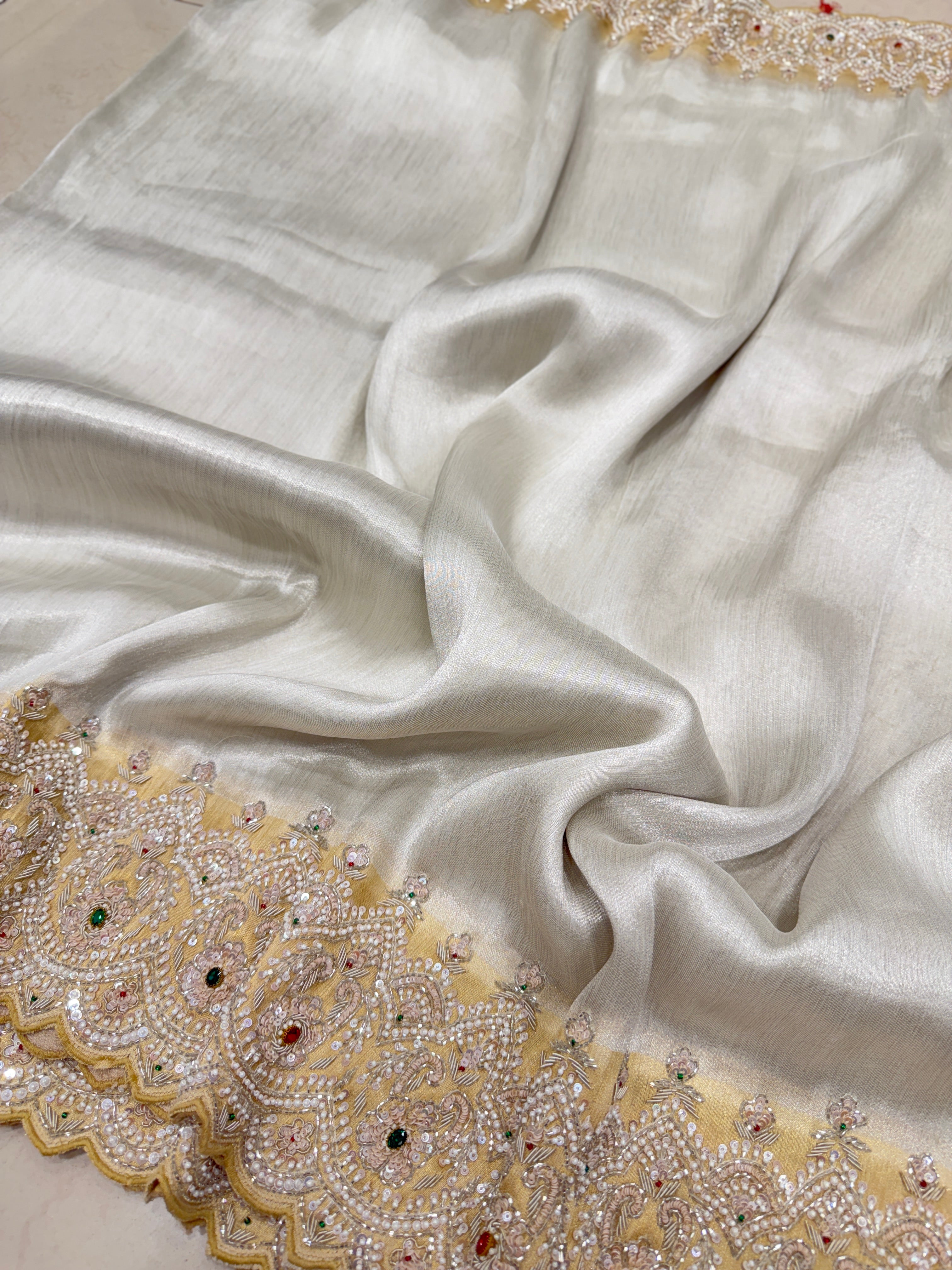 Silver Gold Tissue Hand Embroidery Crystal Embroidery Saree