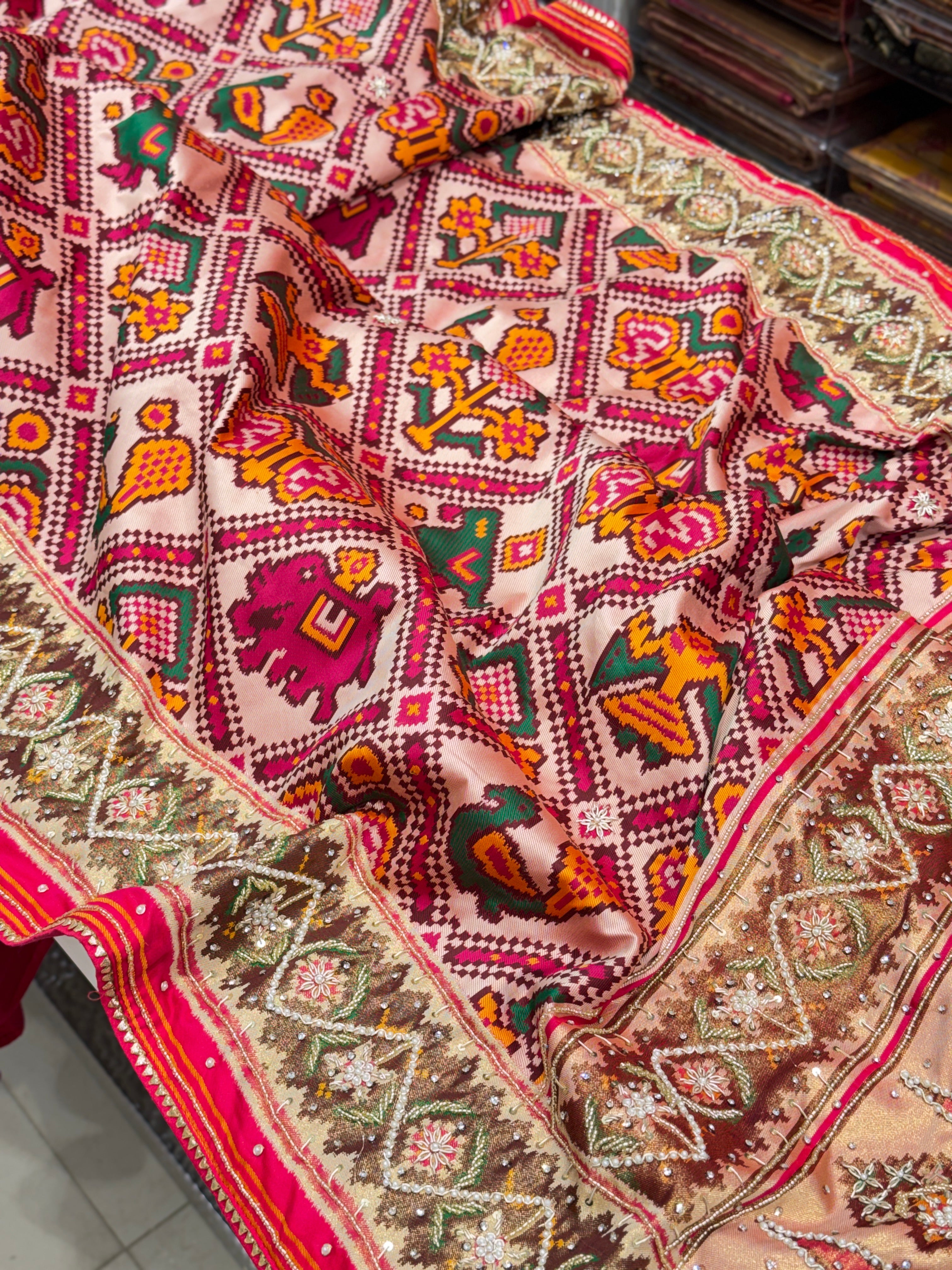 Rani Patola Rajkoti Style Weaved Hand Embroidery Saree