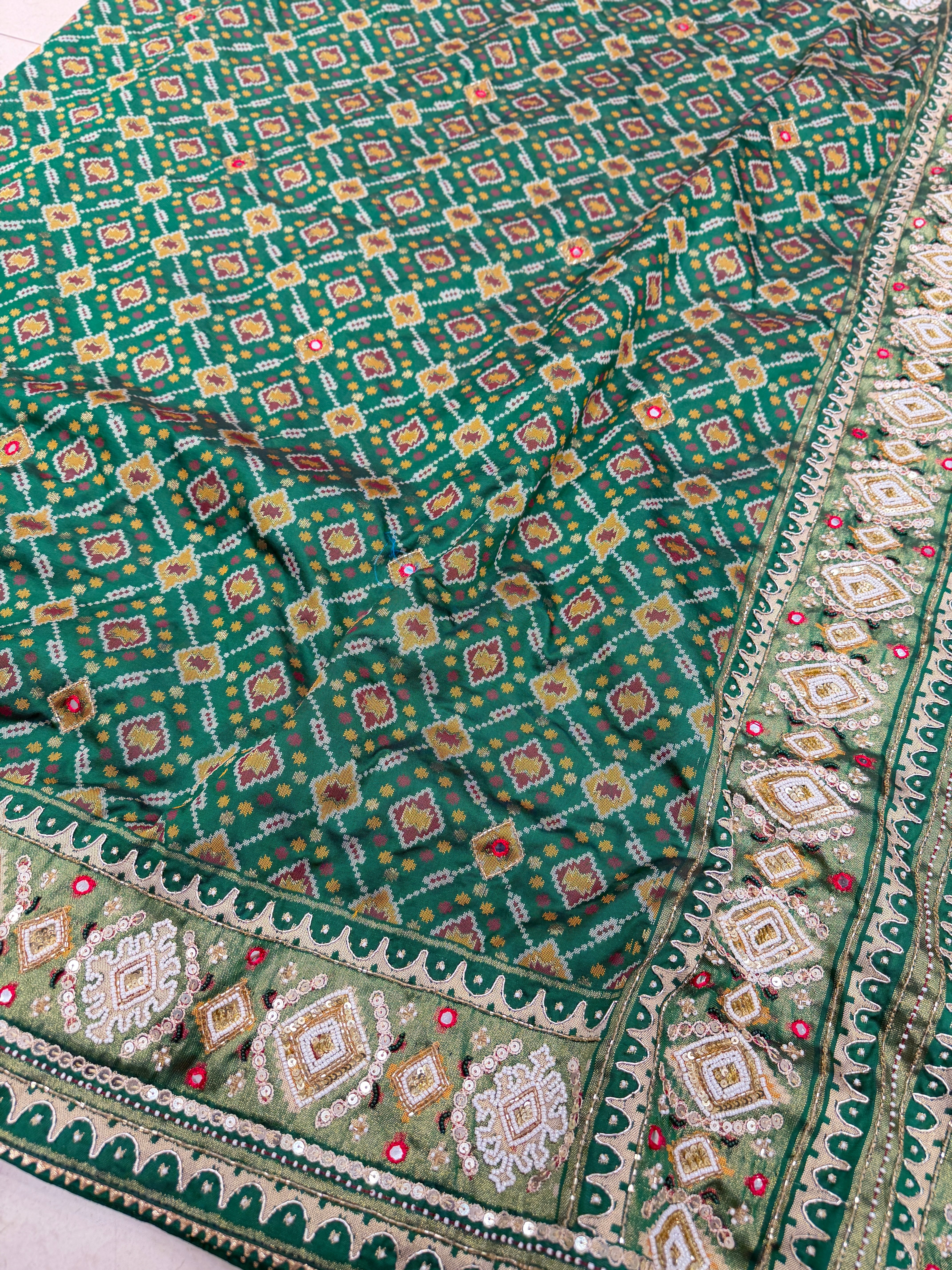 Bottle Green Patola Small Jaal Ikat Kidiya Moti Hand Embroidery Saree