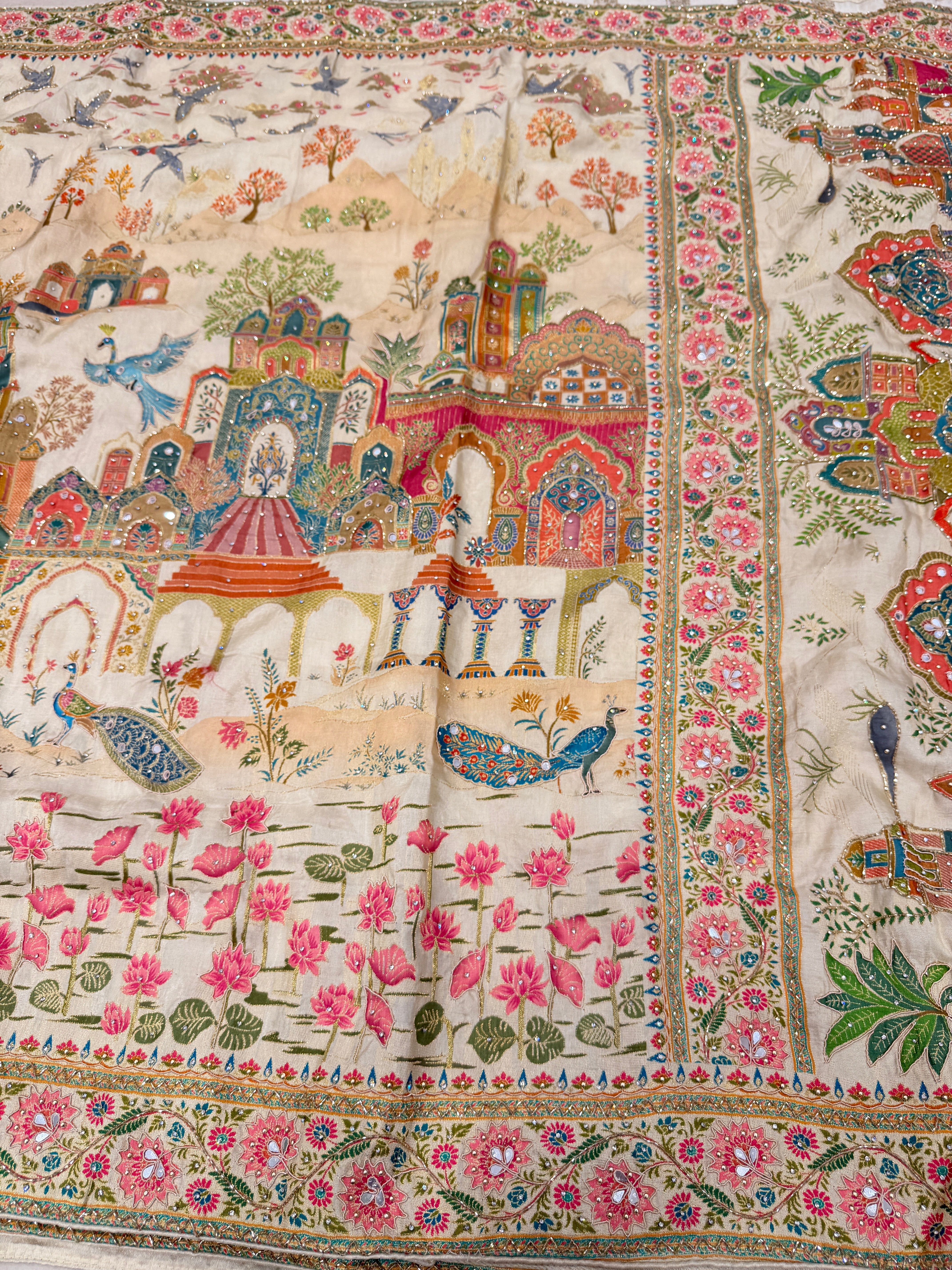 Beige Palace Landscape Hand Embroidery Pashmina Saree