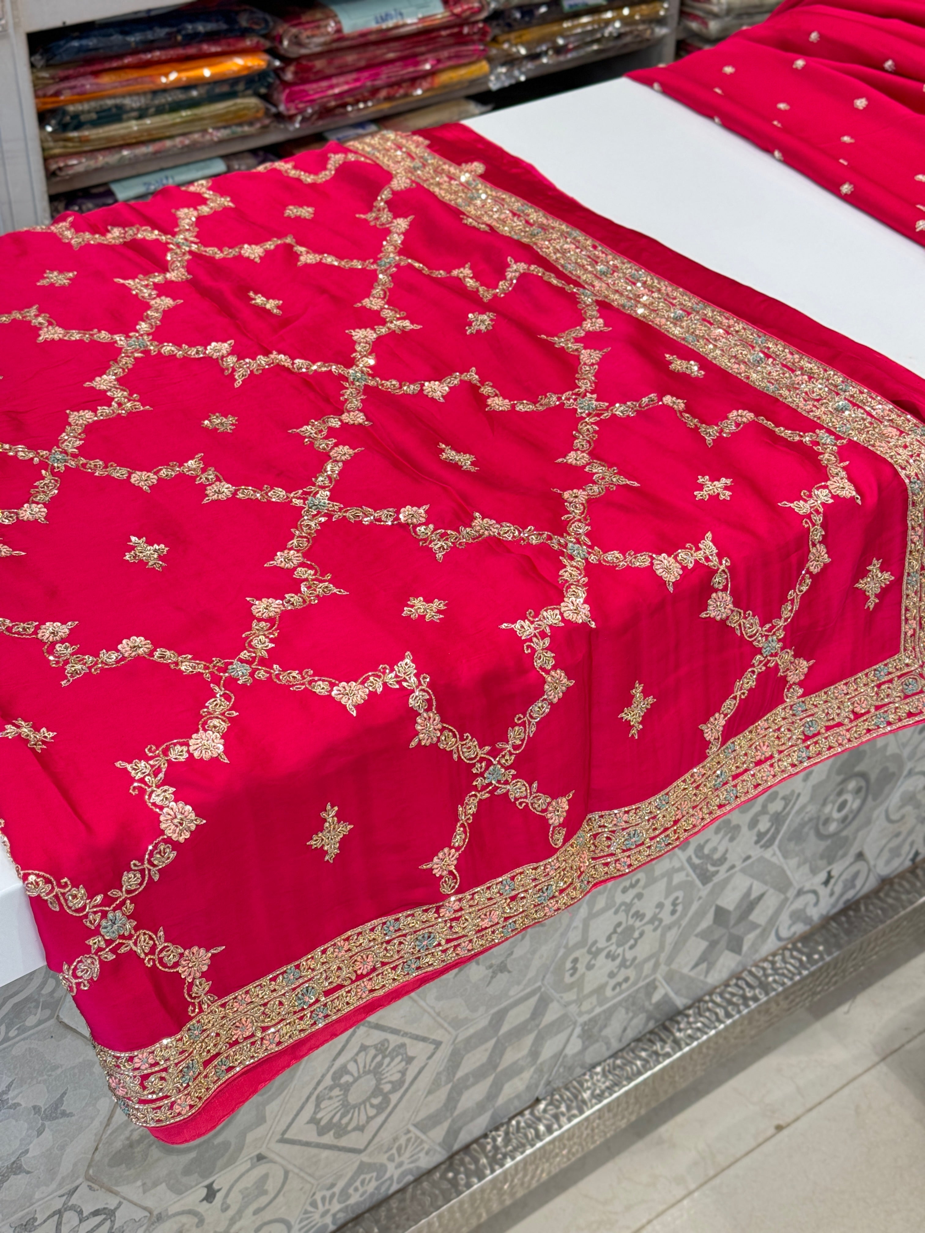 Rani Resham Mughal Jaal Satin Hand Embroidery Zardosi Saree