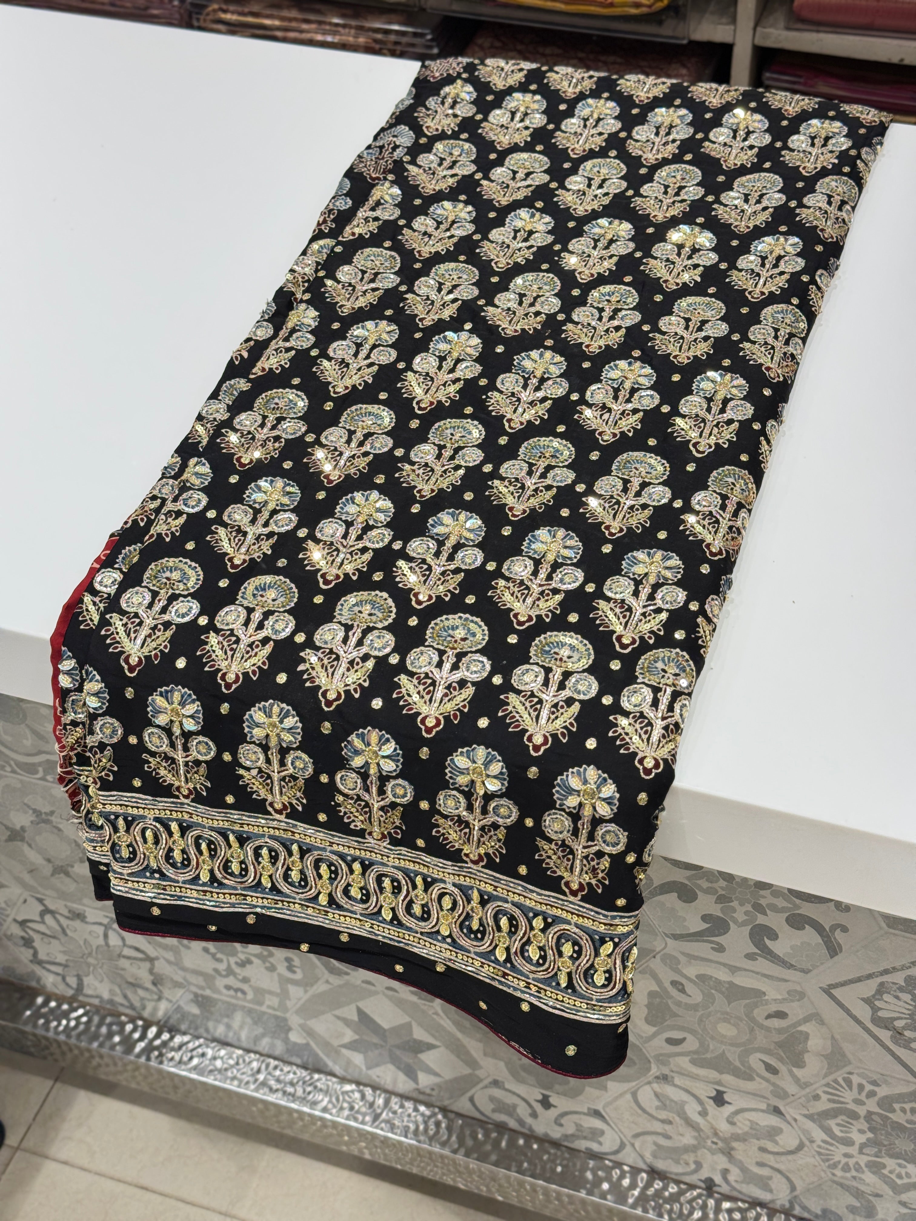 Black Floral Buttas Ajrakh Hand Embroidery Saree