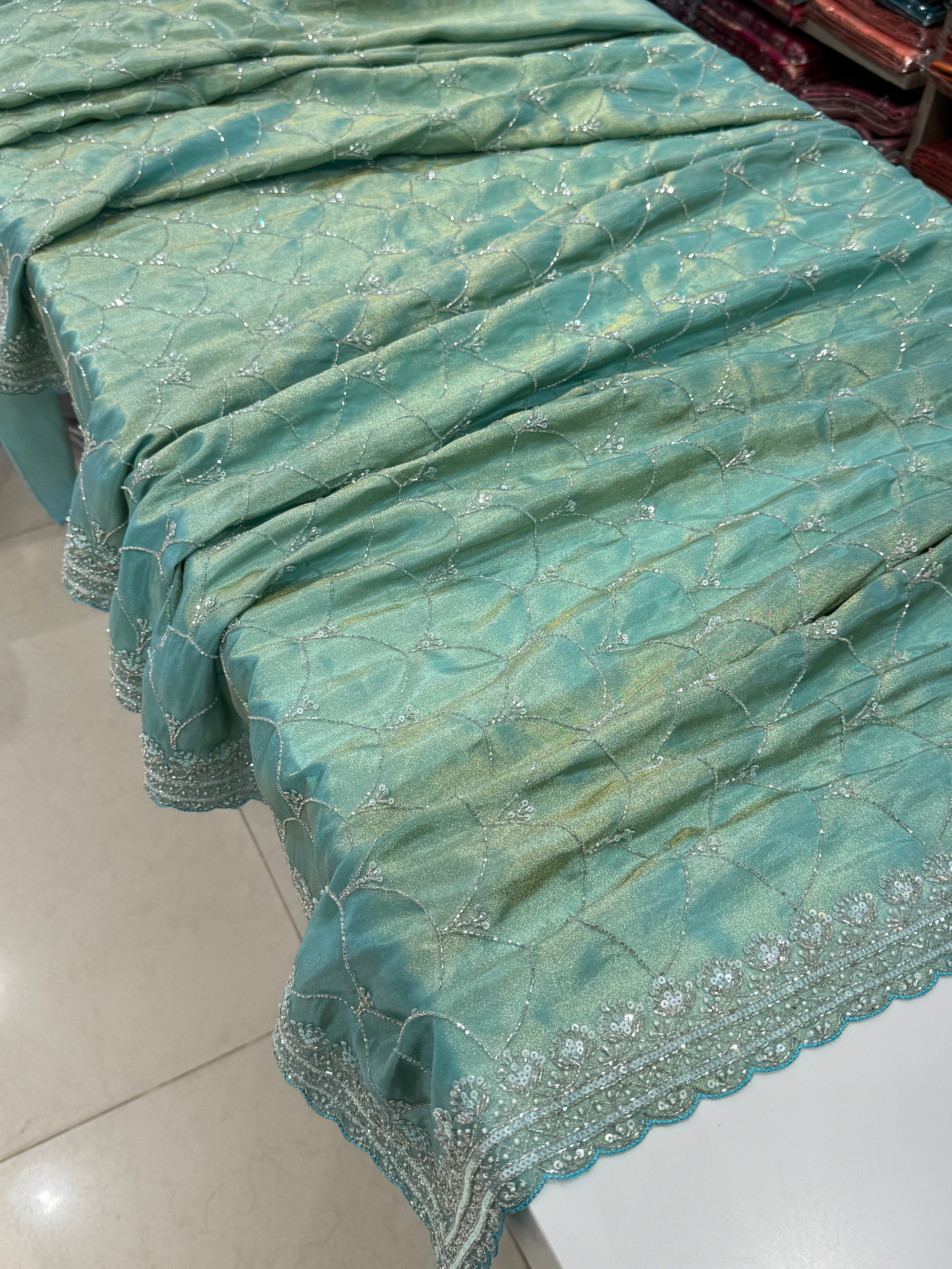 Sea Green Crepe Tissue Sequin Embroidery Saree