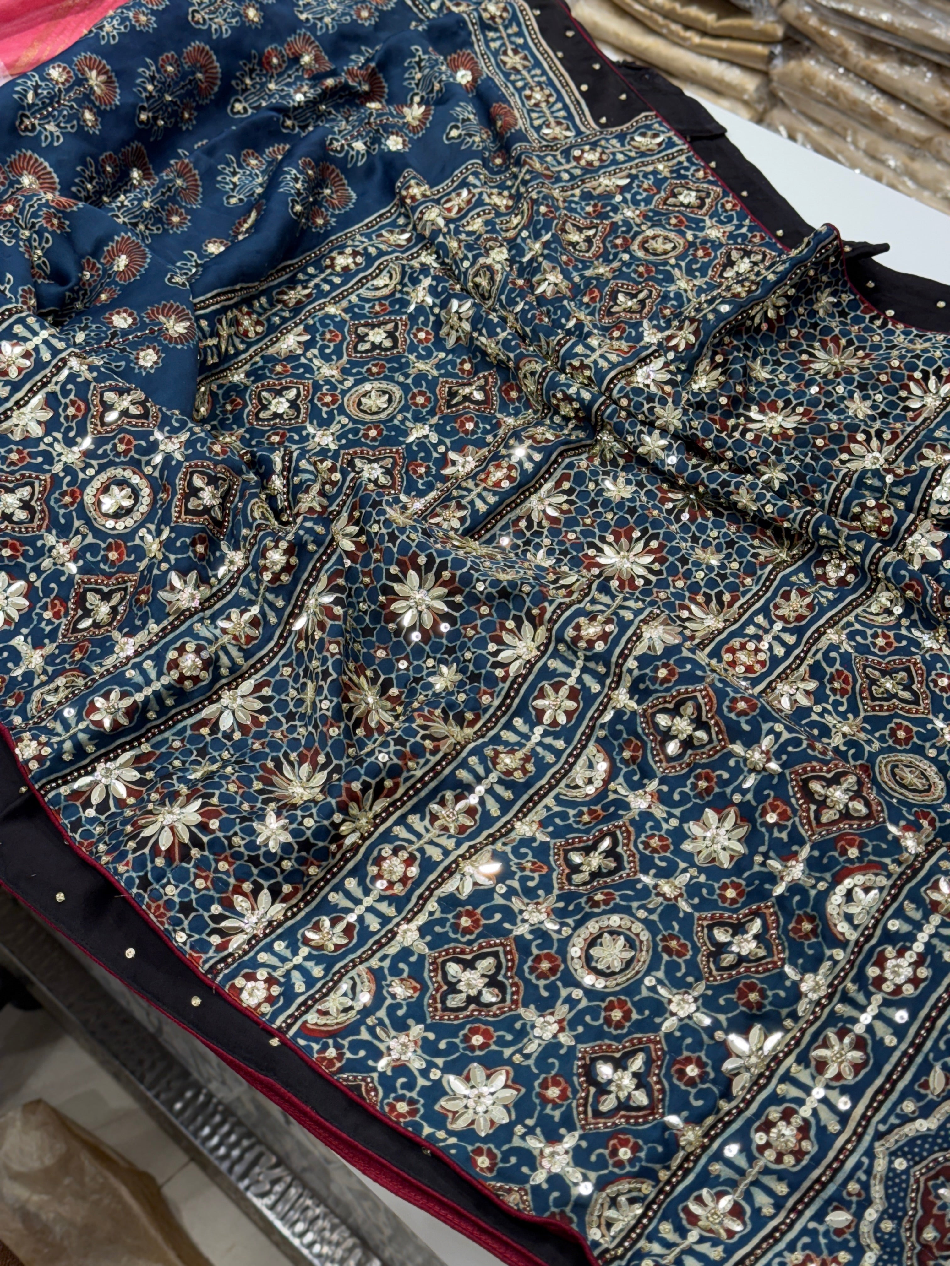 Blue Ajrakh Buttas Sequins Hand Embroidery Saree