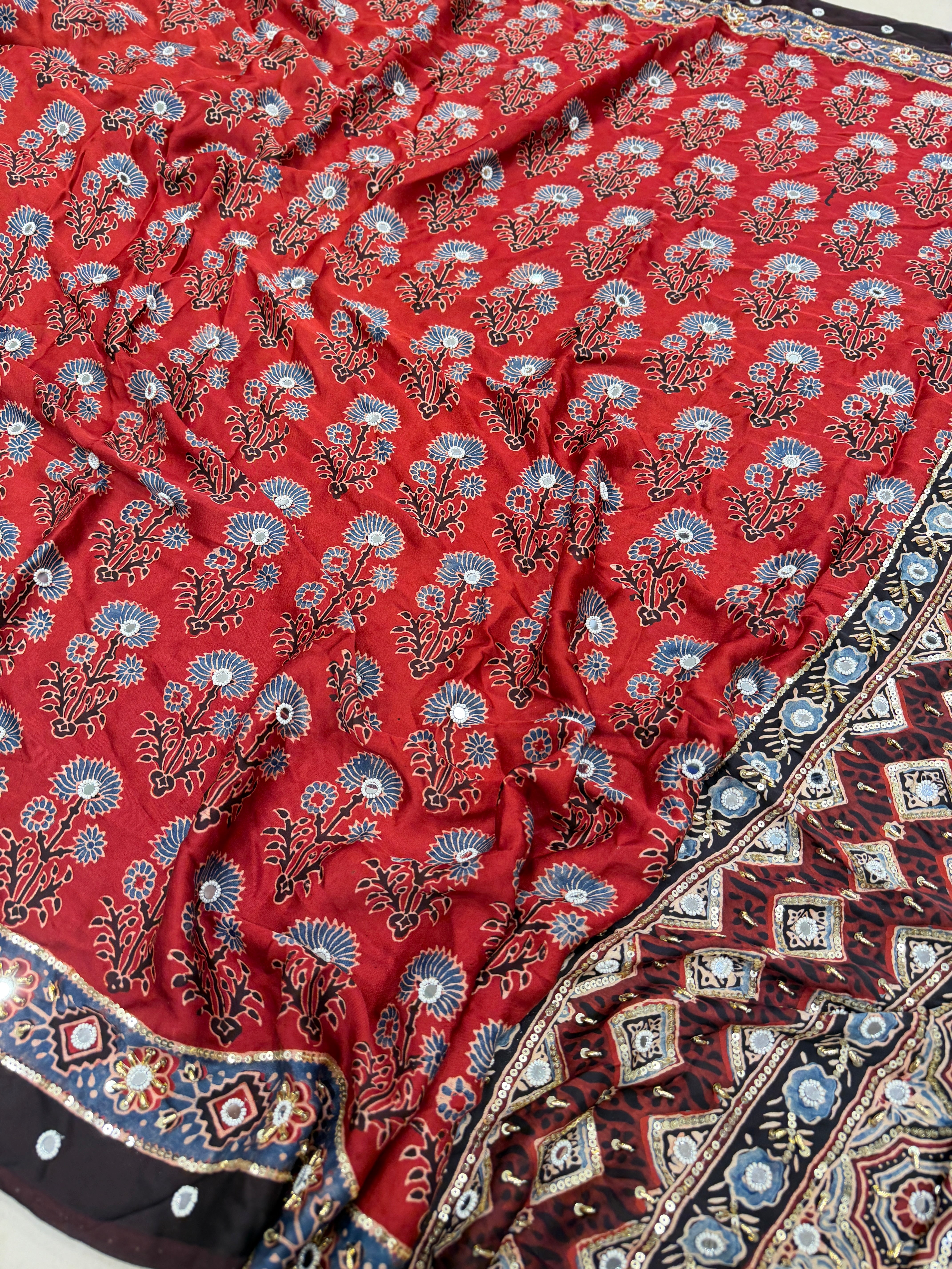 Red Black Three Floral Buttas Ajrakh Real Mirror Moti Sequin Hand Embroidery Saree