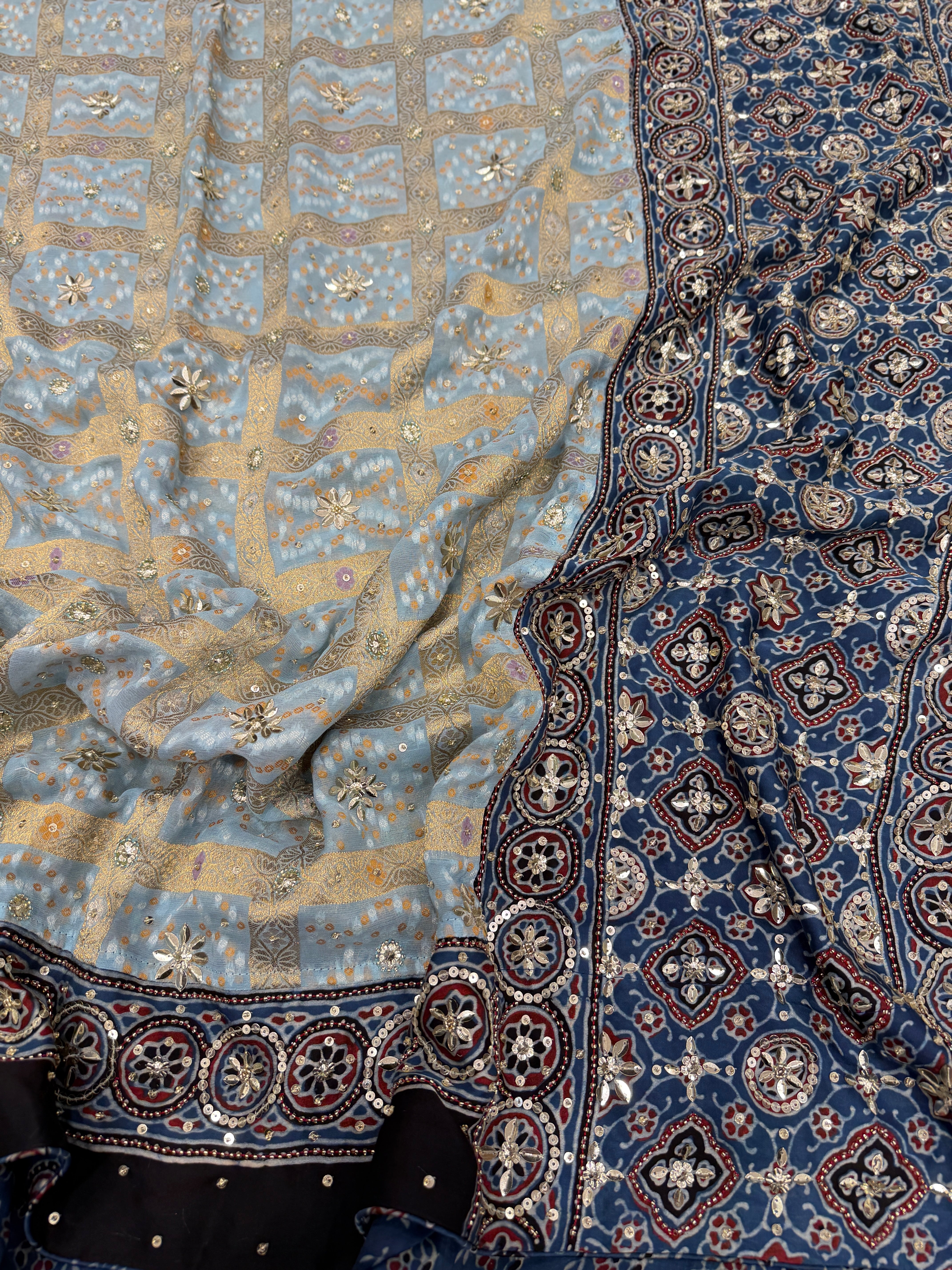 Light Blue Gharchola Georgette Ajrakh Hand Embroidery Saree