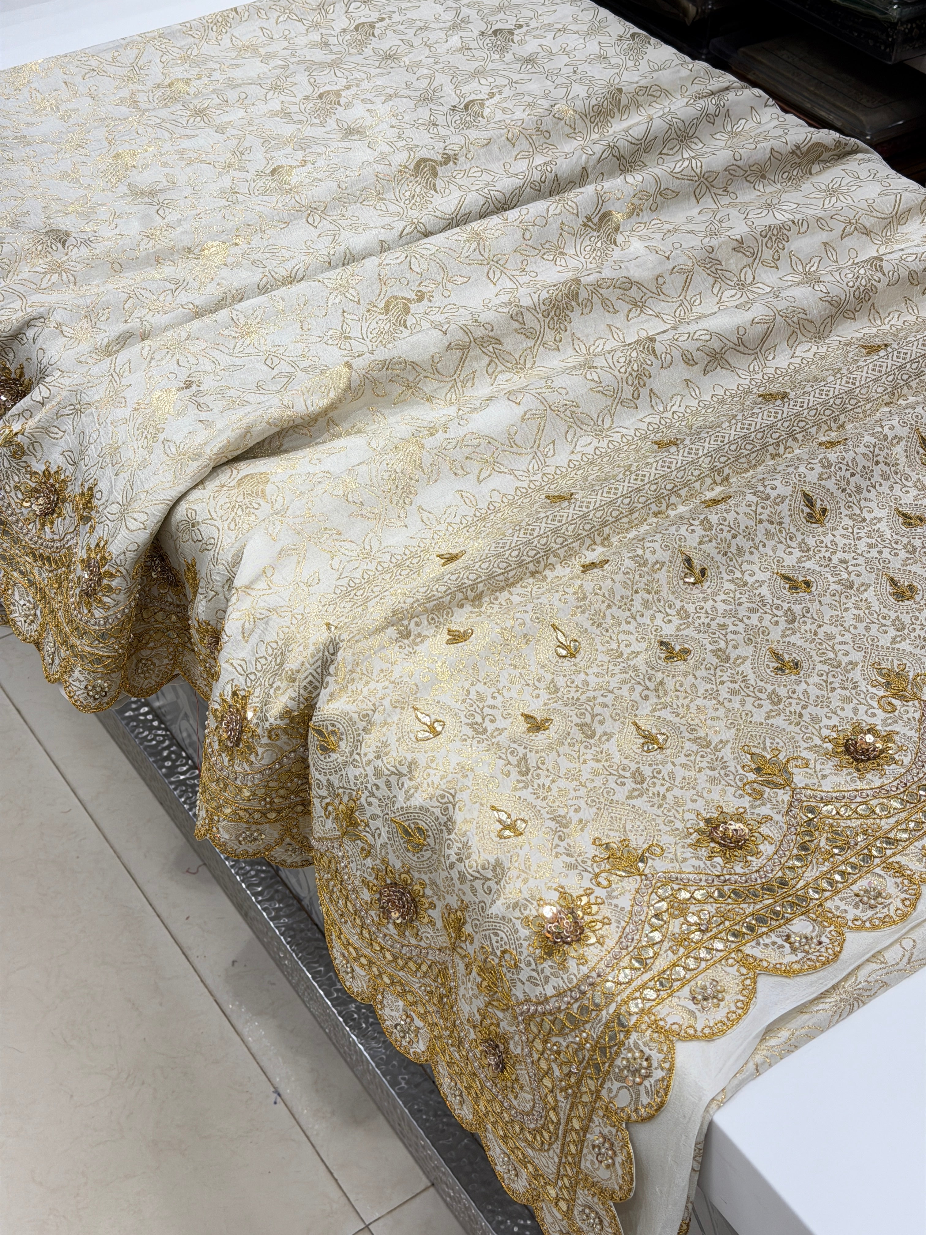 Moti White Banarasi Crepe Hand Gotapatti Marodi Saree