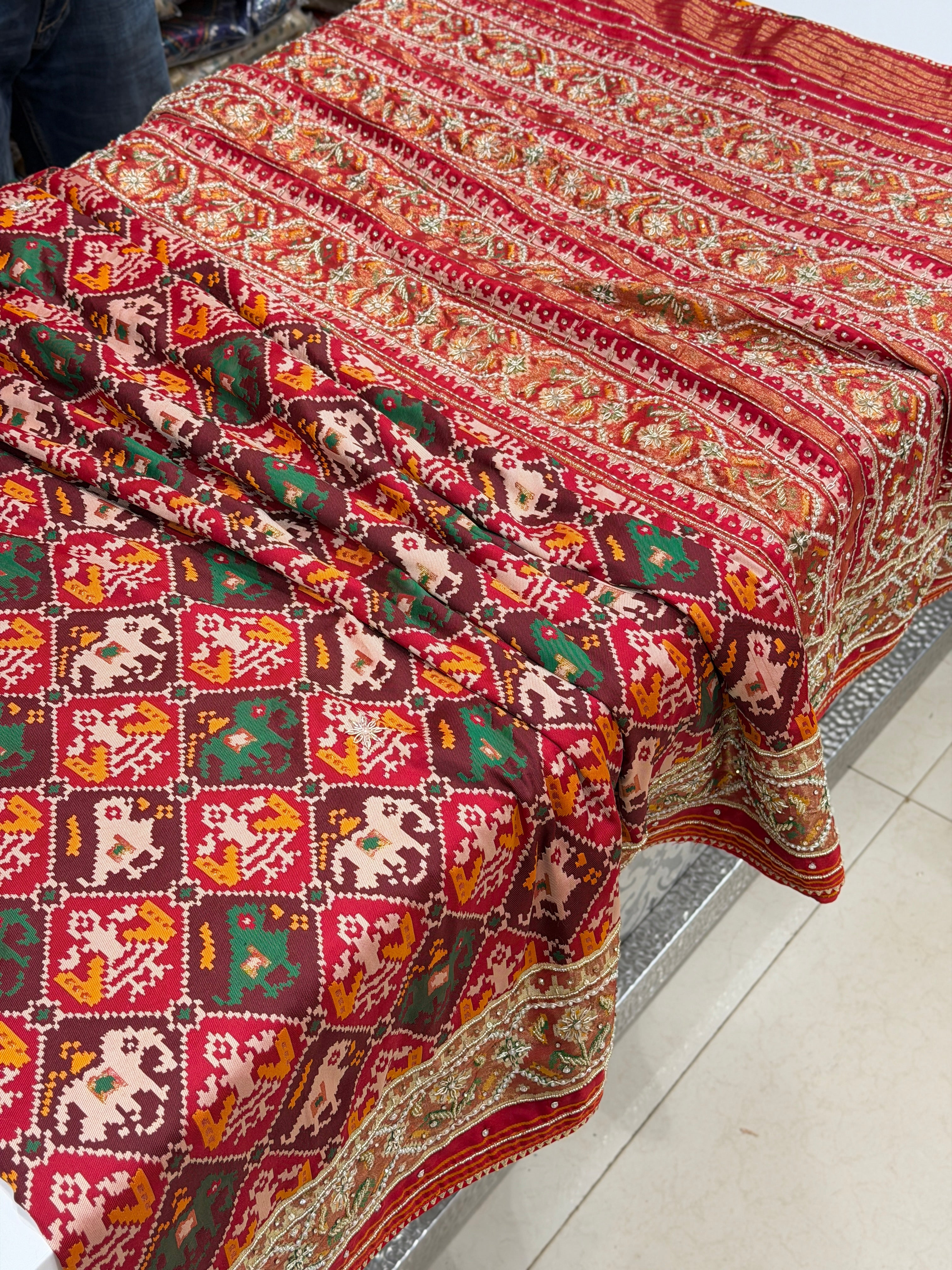 Maroon Patola Check Hand Embroidery Saree