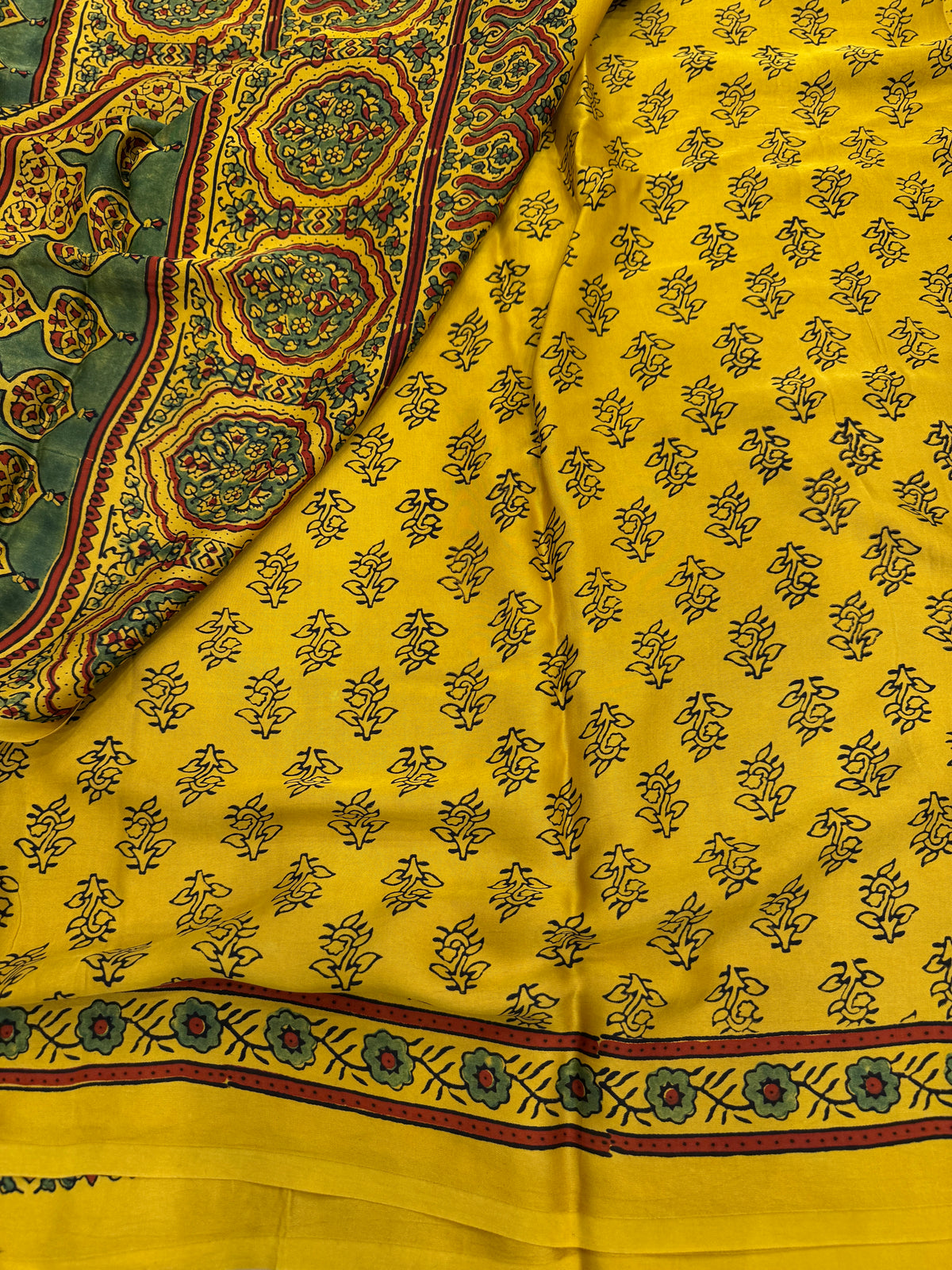 Yellow Dot Ajrakh Hand Block Print Pure Gajji Silk Saree