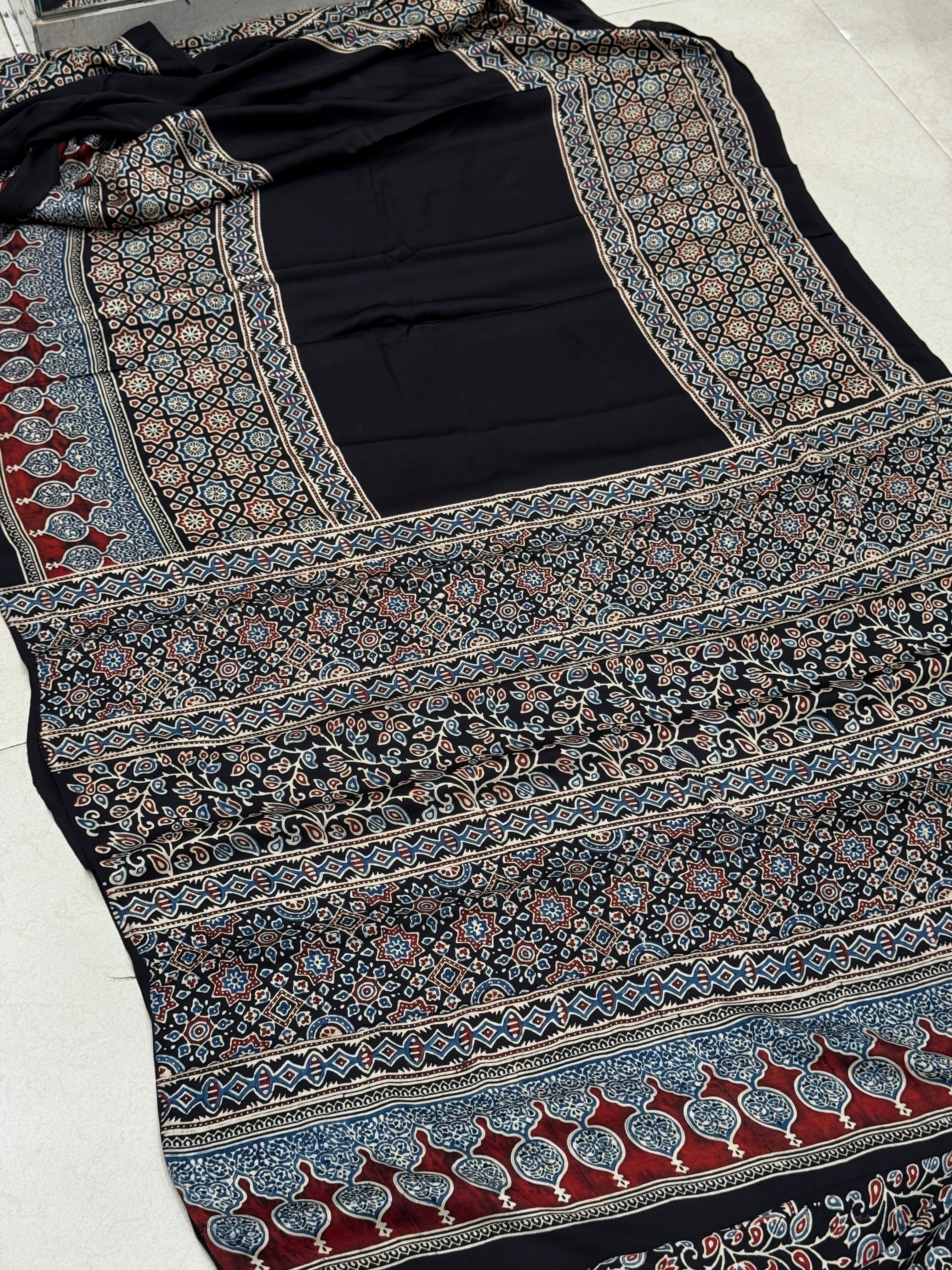 Black Block Star Butti Ajrakh Modal Gajji Silk Saree