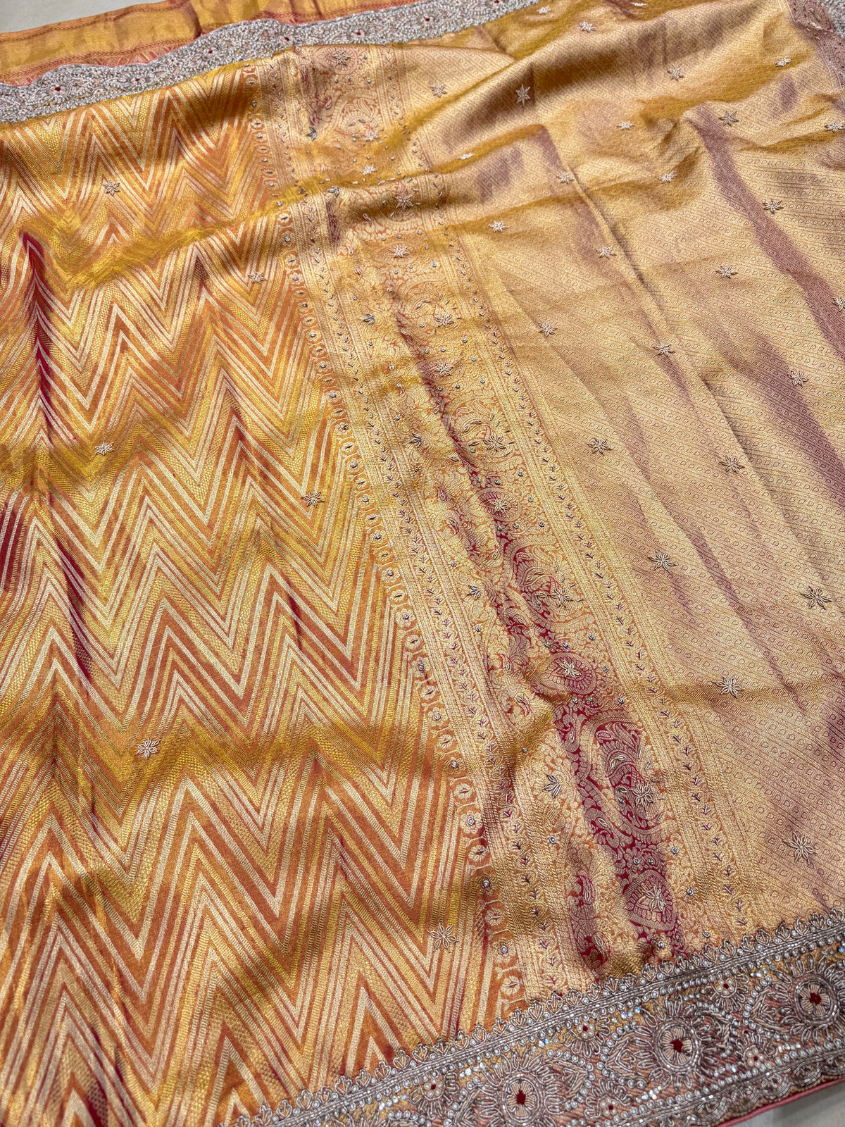 Contemporary Tissue Kanjivaram Zardosi Moti Hand Embroidery Saree