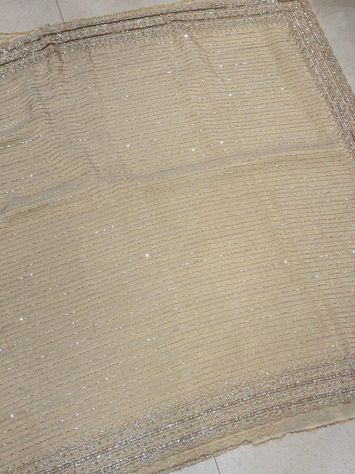 Beige Satin Crepe Moti MM inspired Hand Embroidery Saree