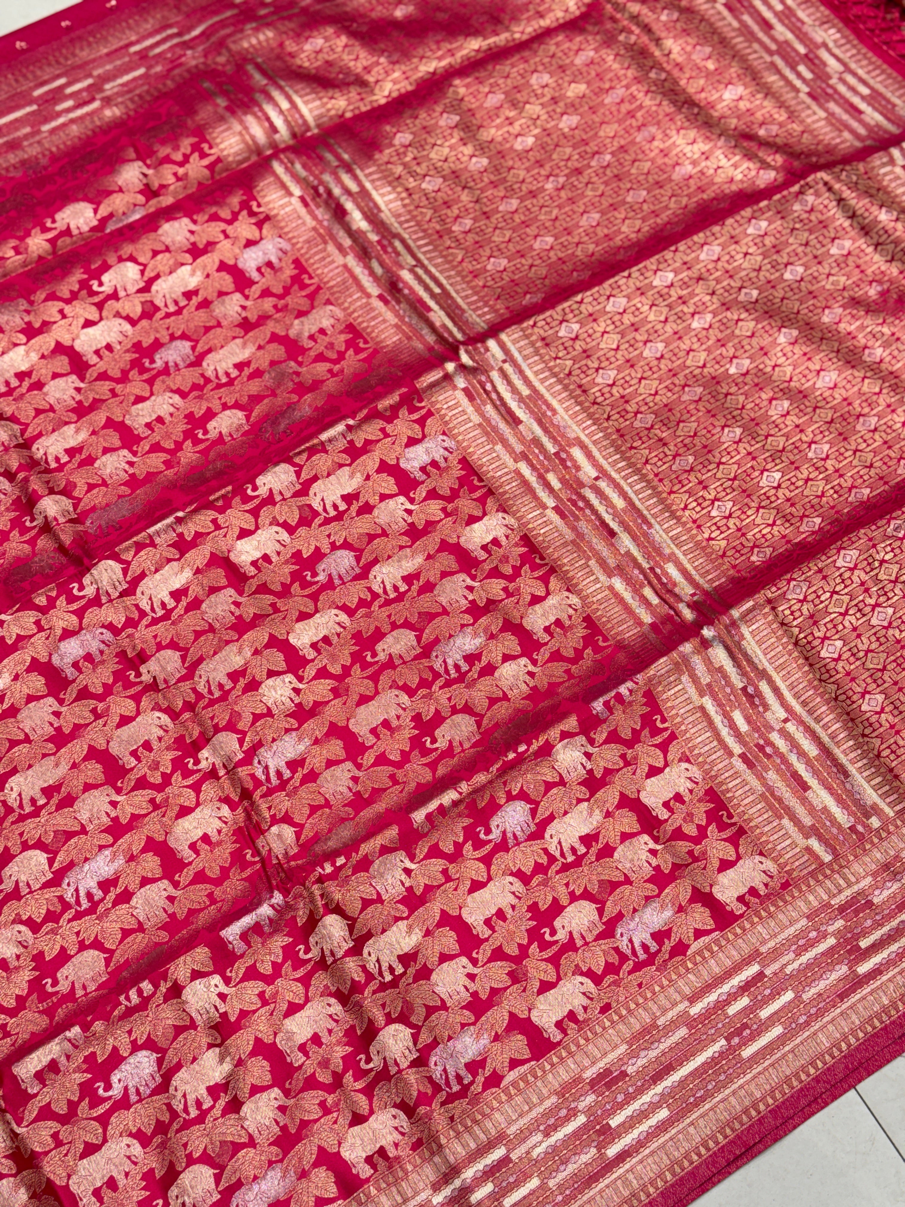 Rani Pink Banarasi Soft Silk Semi Elephant Motif Saree