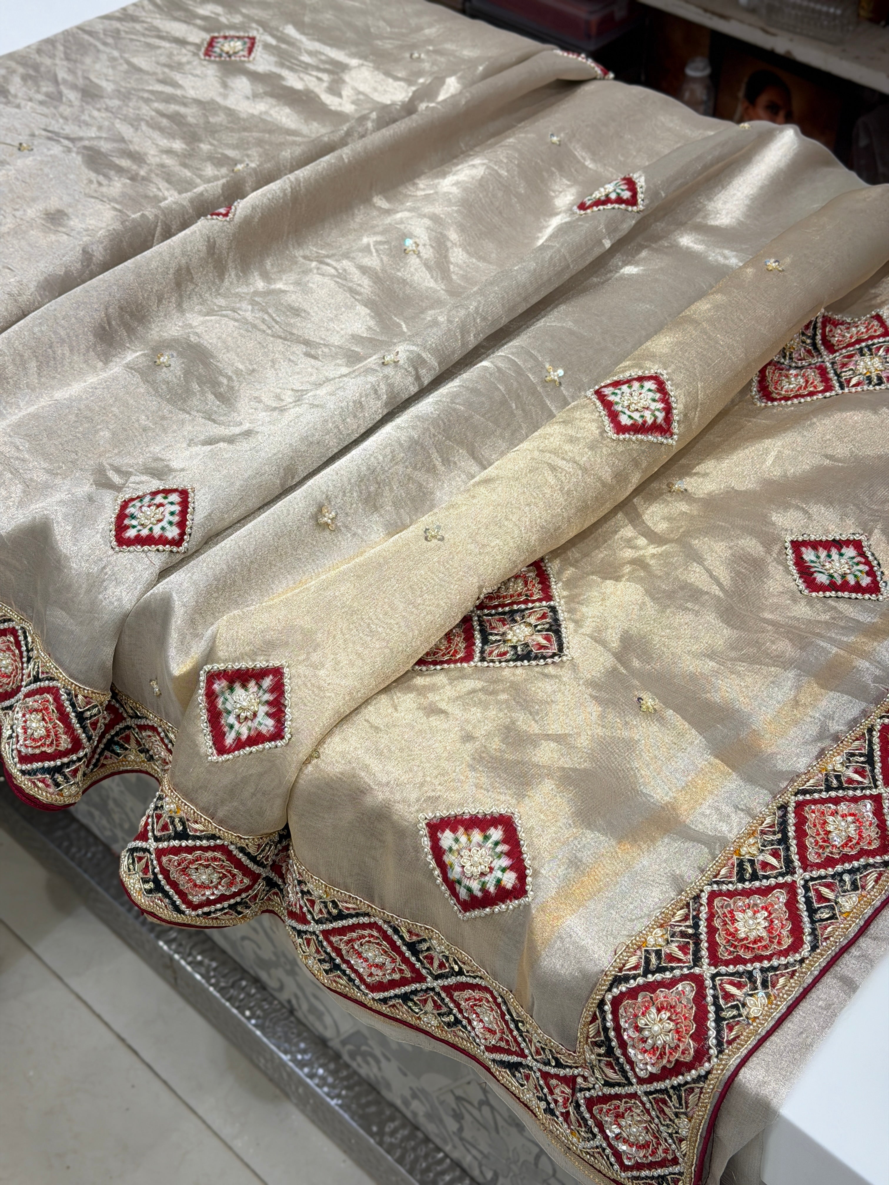 Silver Pure Tissue Patan Patola Patch Hand Embroidery Saree