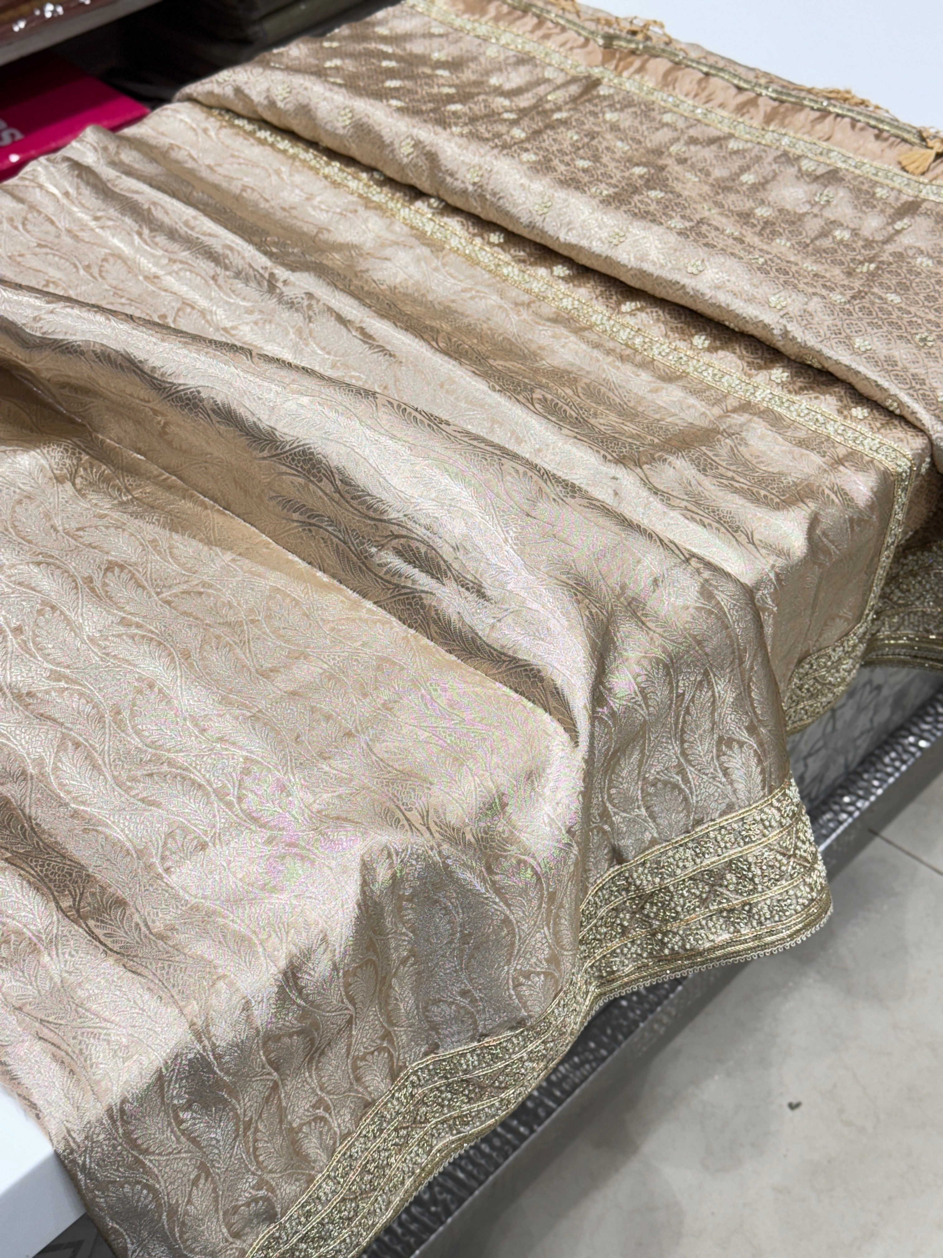 Nude Pink Silver Tissue Kanjivaram Moti Hand Embroidery Saree