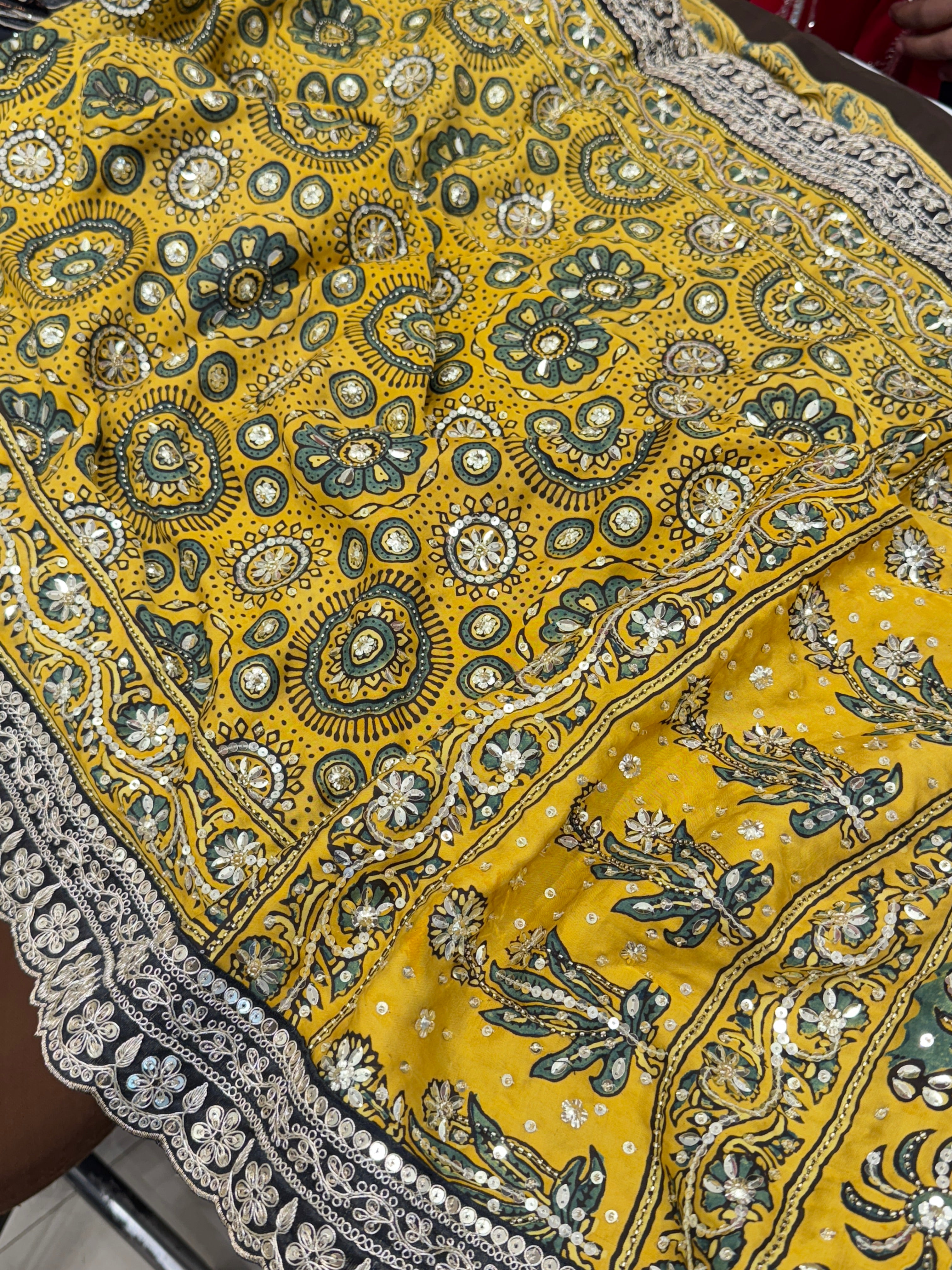 Yellow Ajrakh Hand Embroidery Saree