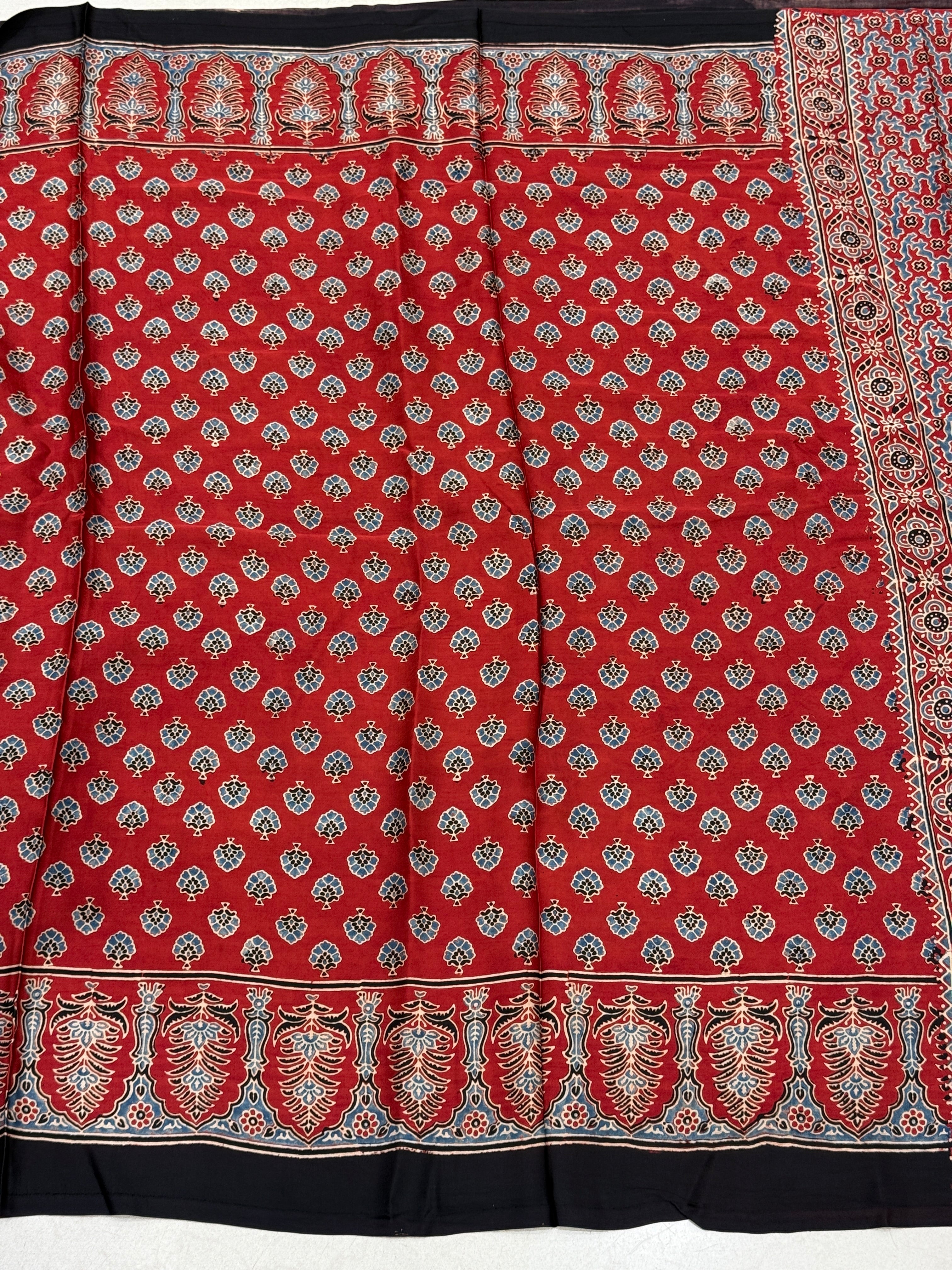 Red Crown Buttis Border  Ajrakh Modal Gajji Silk Saree