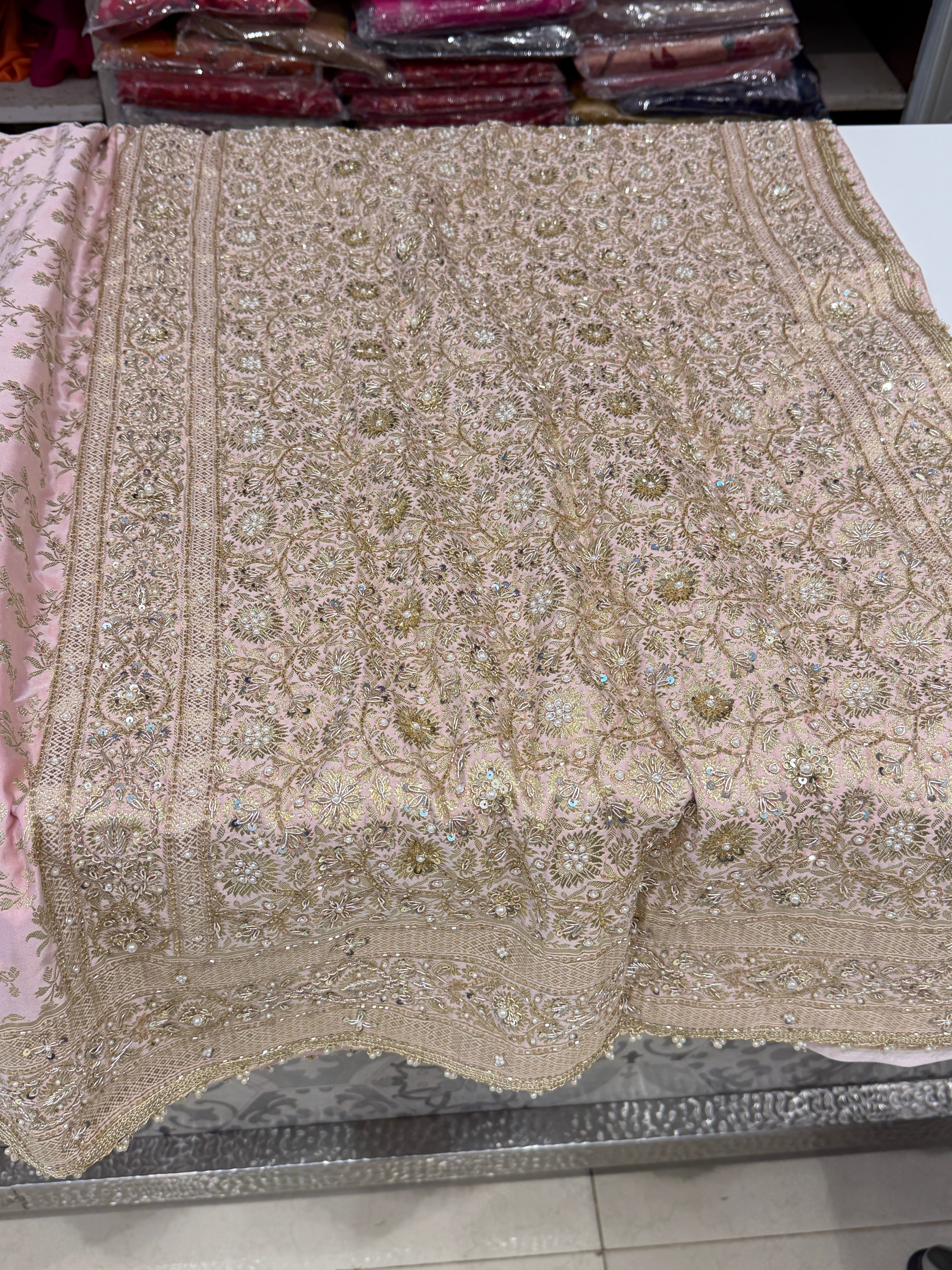 Light Pink Banarasi Flower Border Zardosi Hand Embroidery Saree