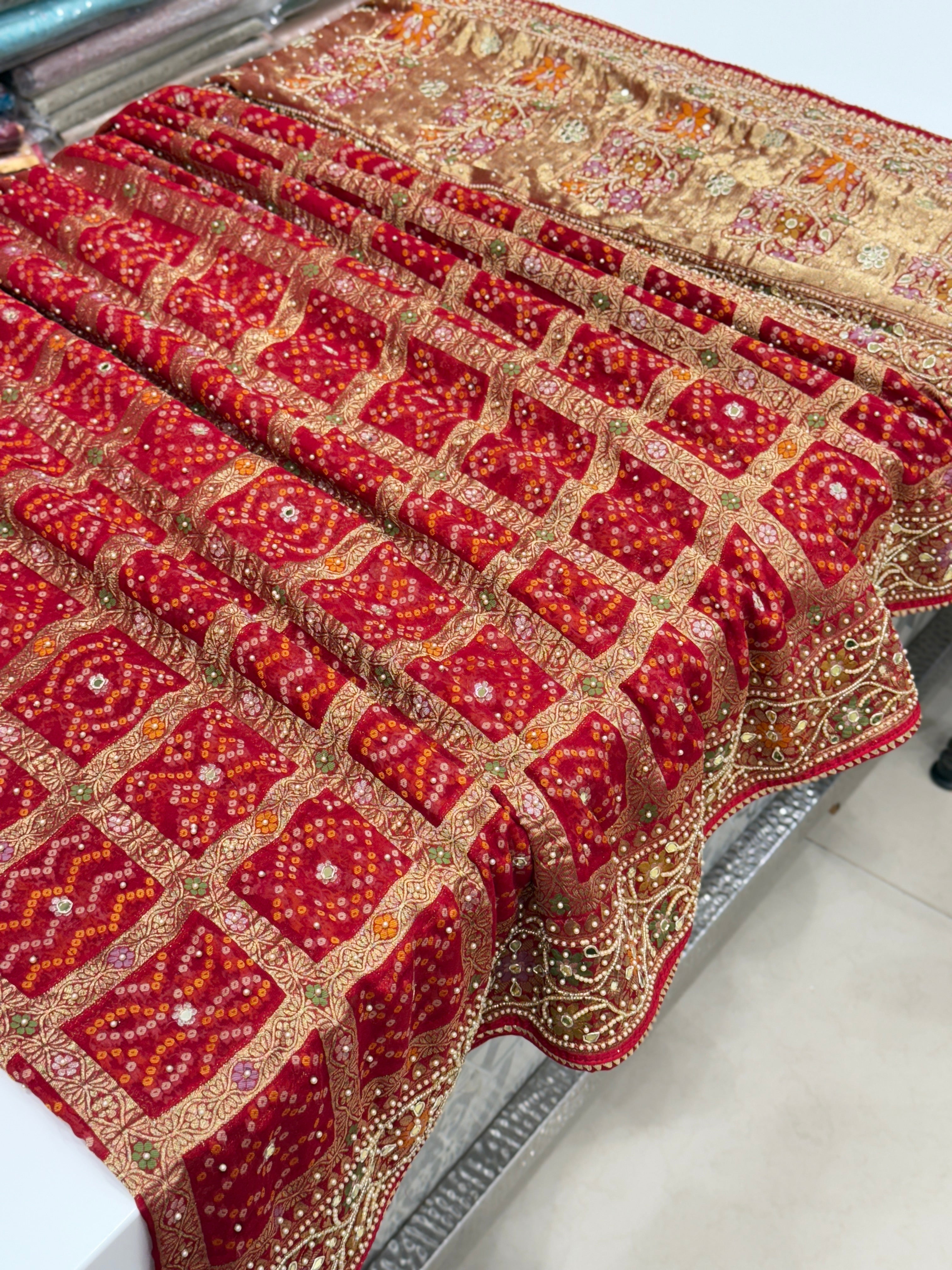 Red Gharchola Meenakari Moti Hand Embroidery Saree