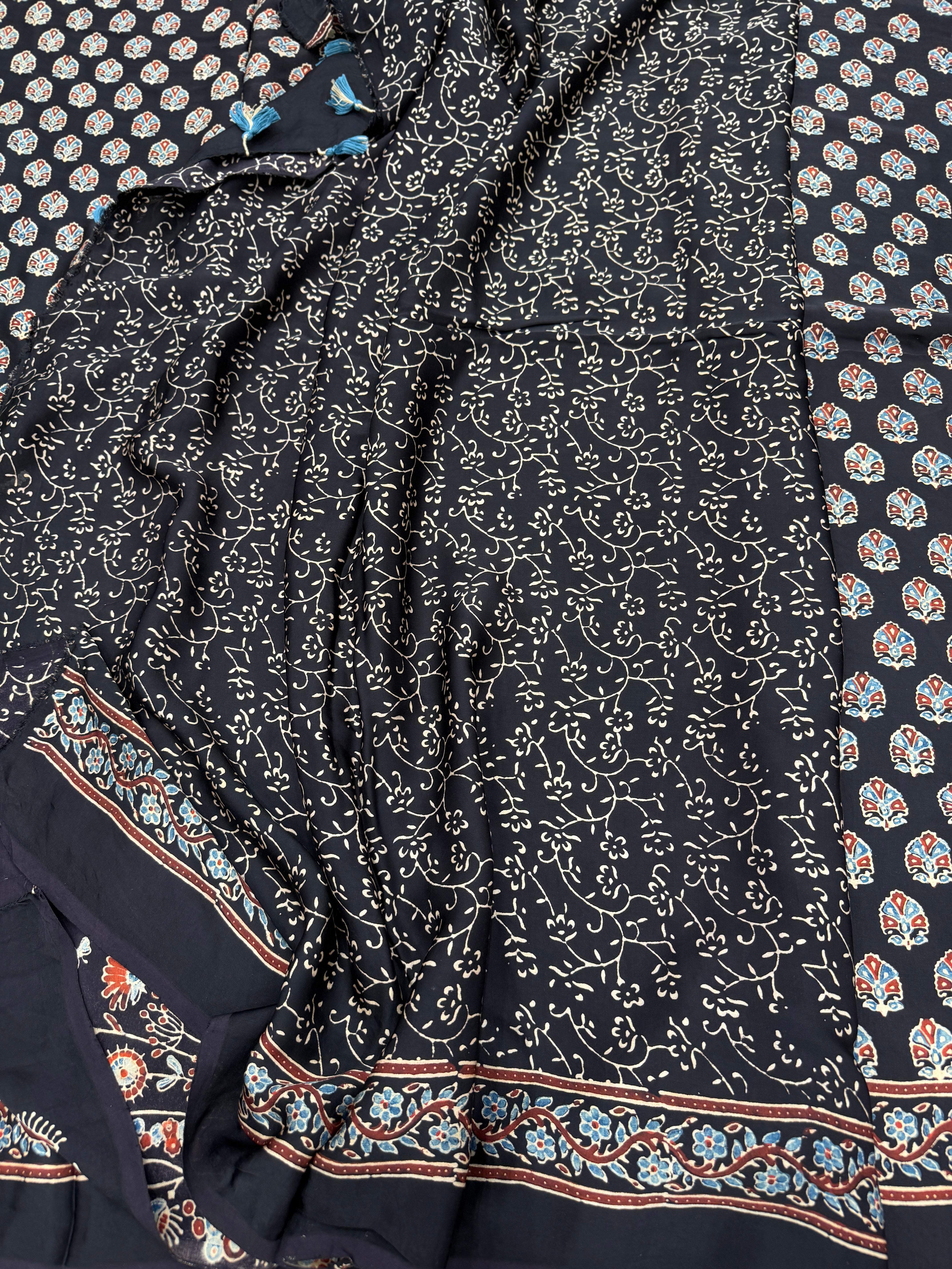 Black Buttis Ajrakh Hand Block Print Pure Gajji Silk Saree