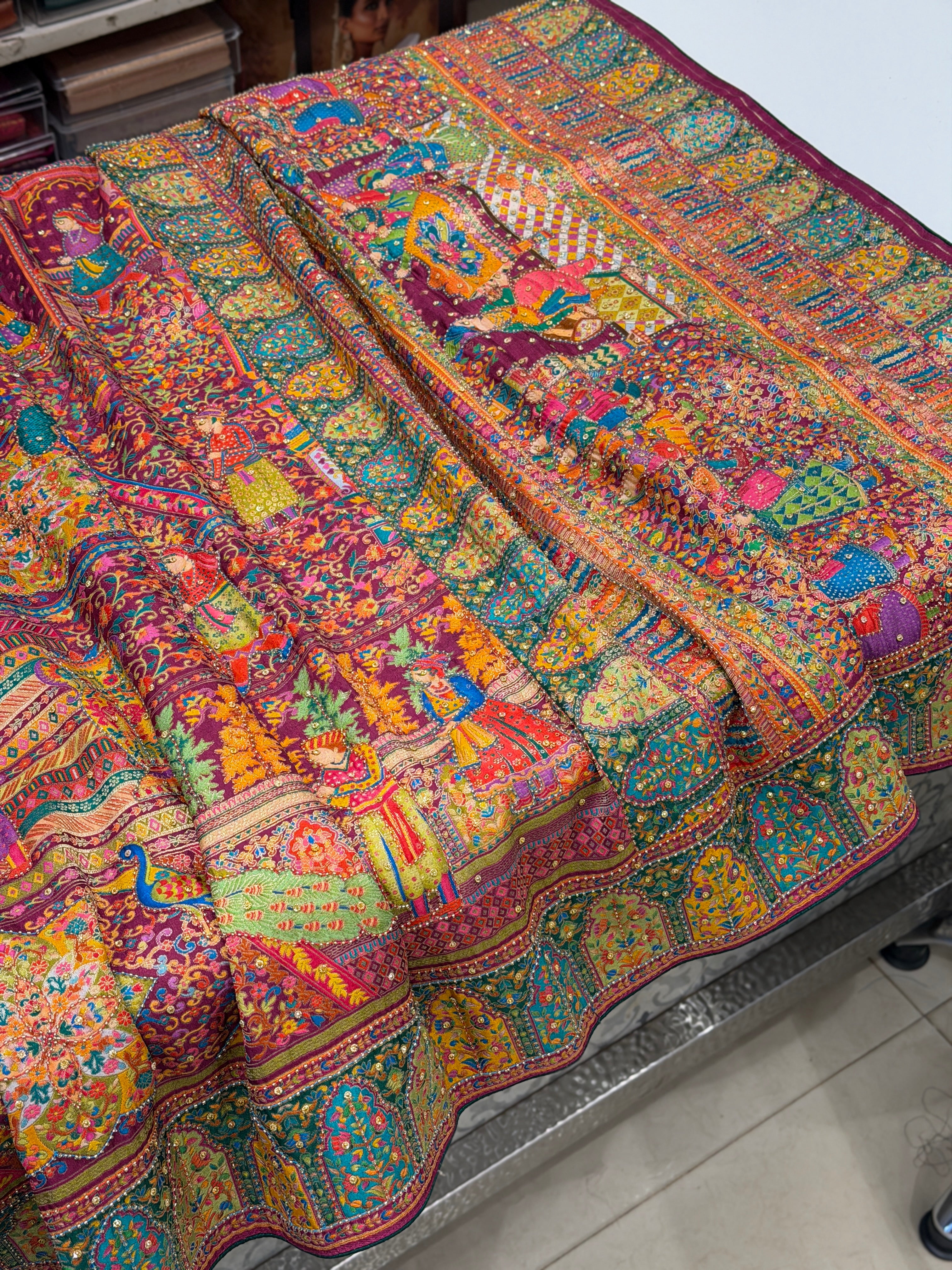 Wine Pashmina Inspired Darbar Weaved Munga Hand Embroidery Saree