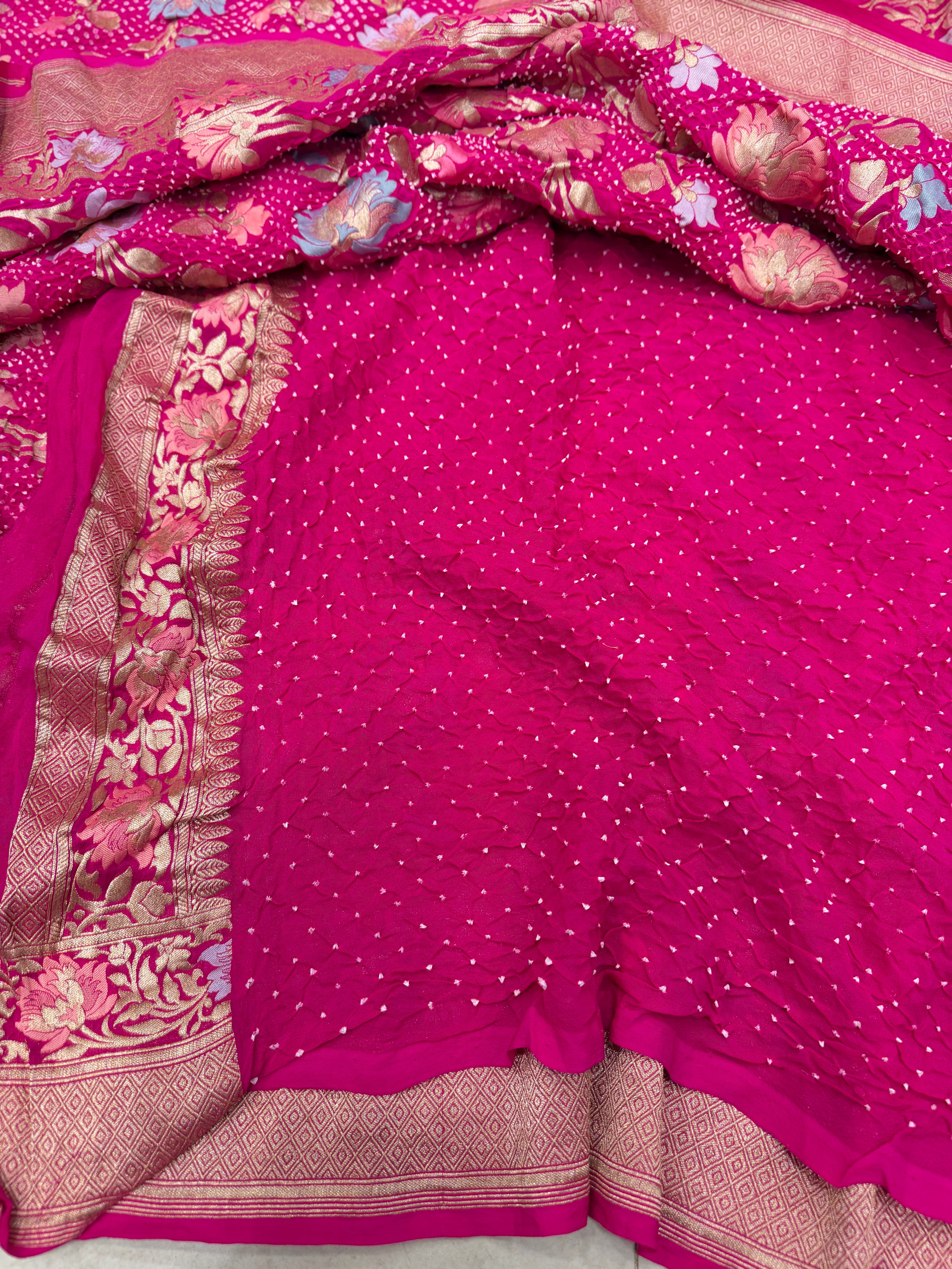Rani Pink Jaal Meenakari Handloom Banarasi Georgette Rai Bandhej Saree