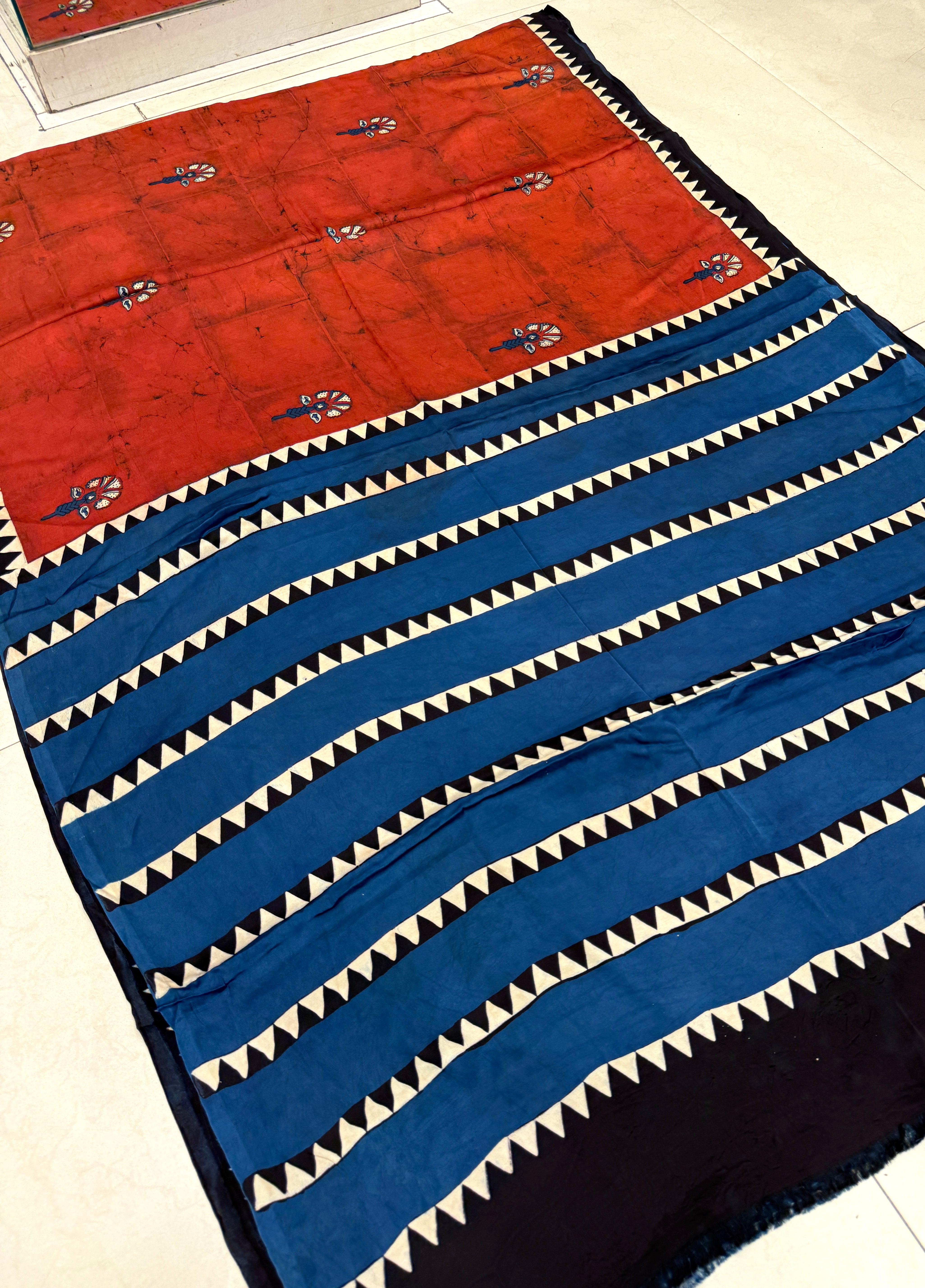 Rust Blue Butta Modal Gajji Silk Ajrakh Saree