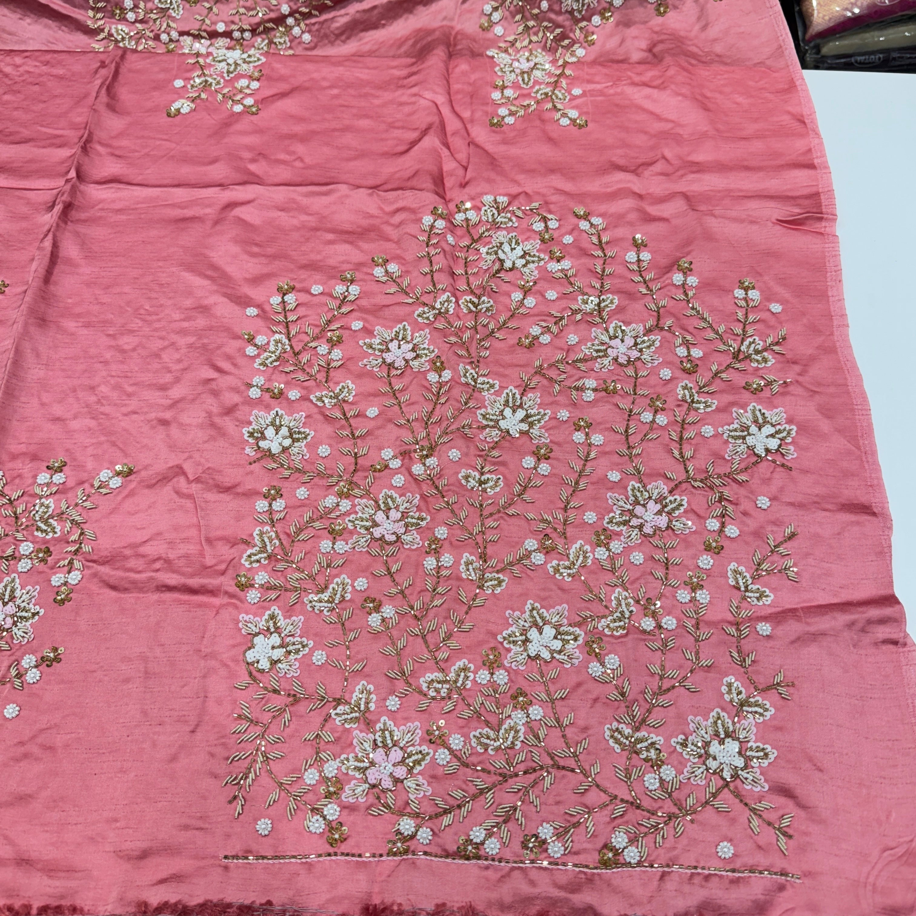 Pink Satin Hand Embroidery Zardosi Sequin Blouse Piece