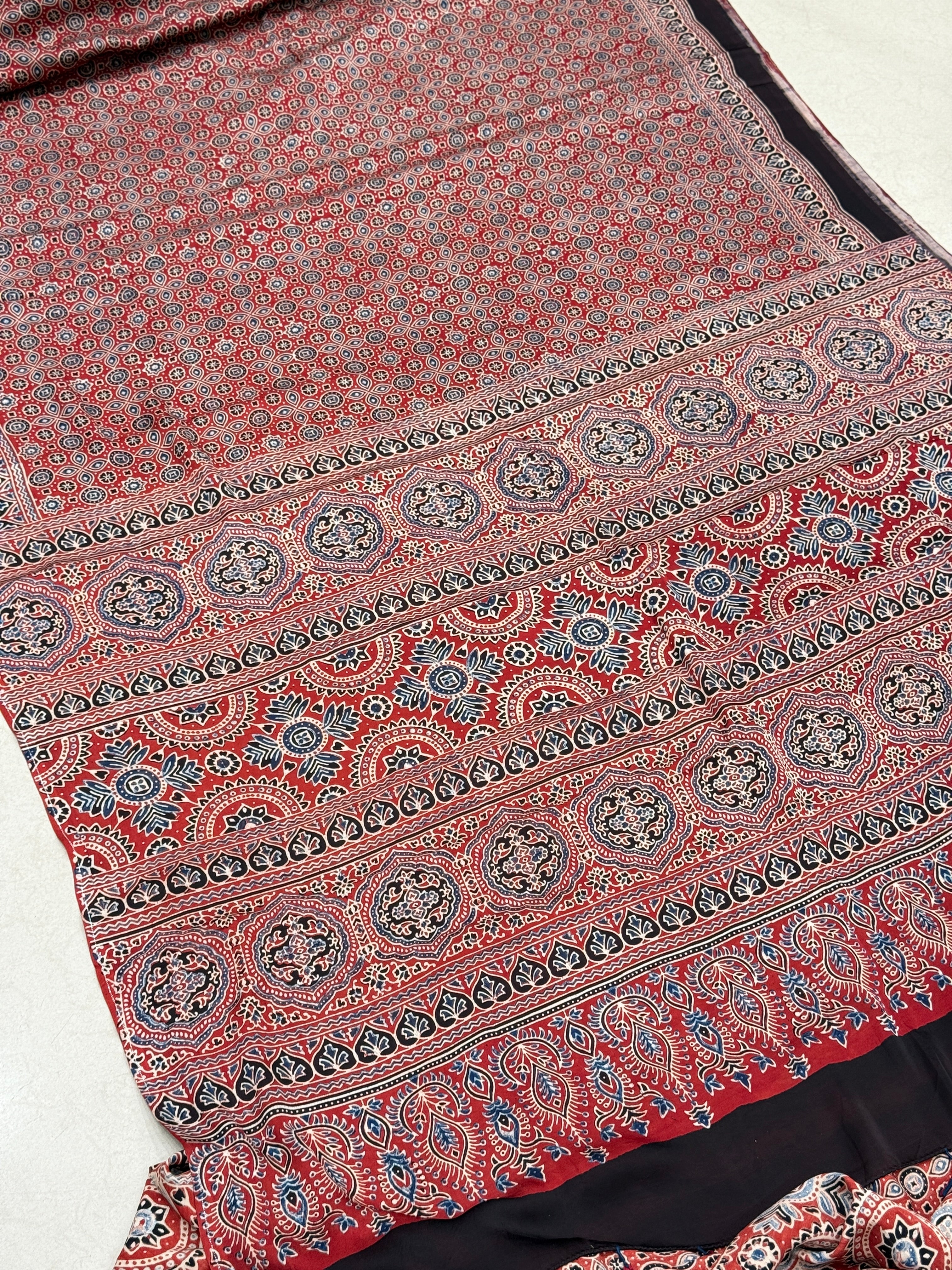 Red Crown Buttis Jaal Ajrakh Modal Gajji Silk Saree