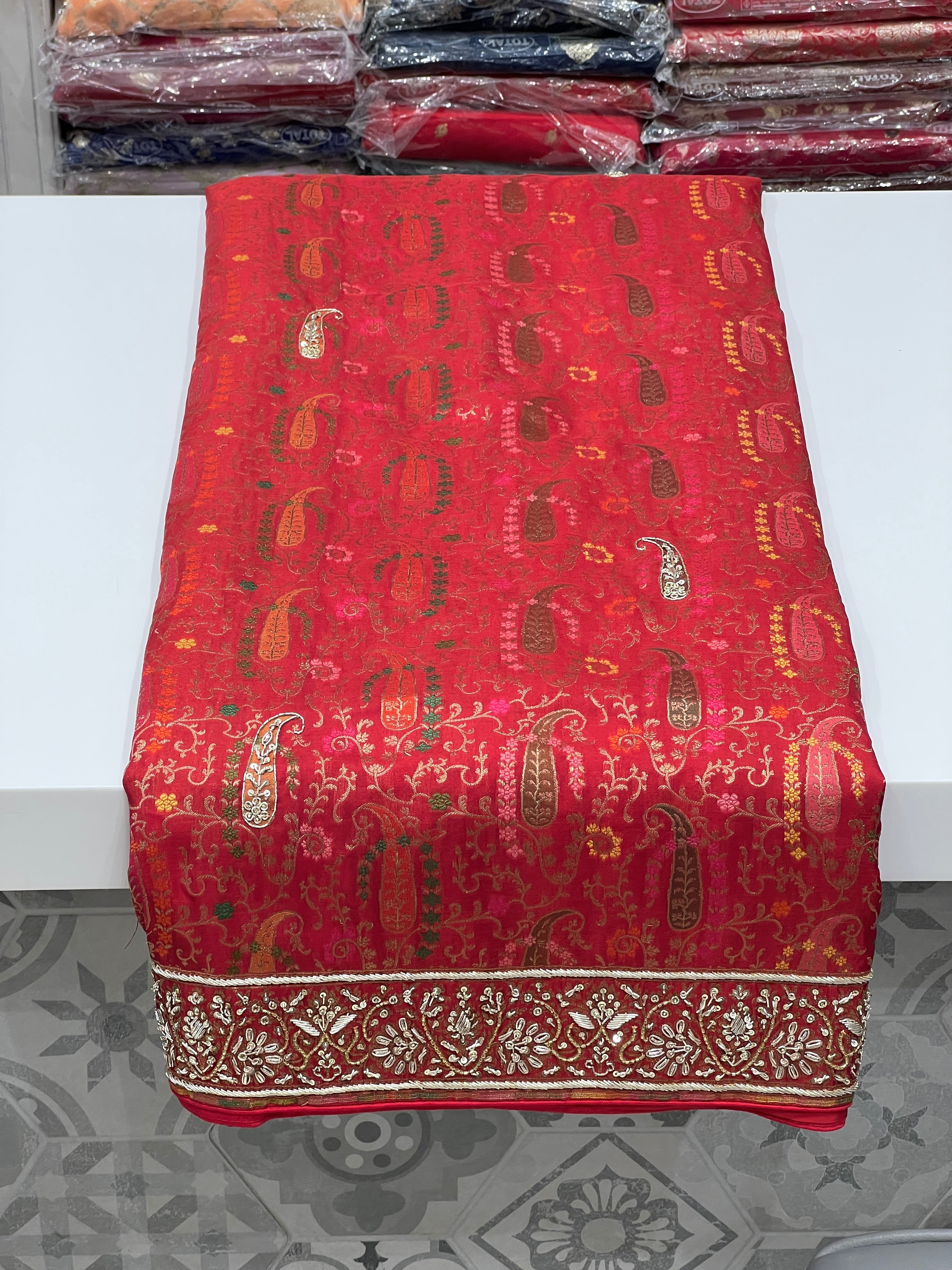 Red Meenakari Katan Hand Embroidered Zardozi Saree