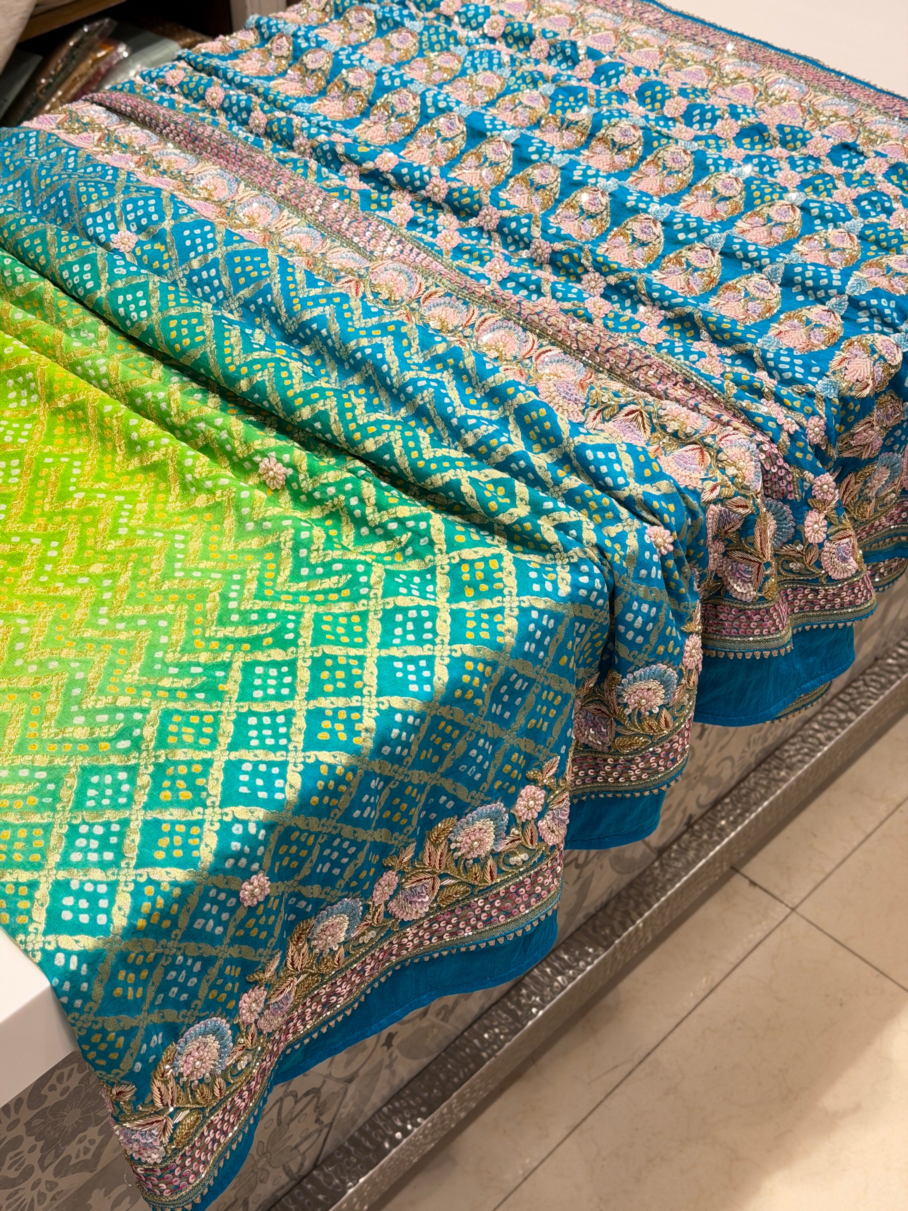 Jhanvi Kapoor Inspired Shaded Green Hand Embroidery Bandhej Saree