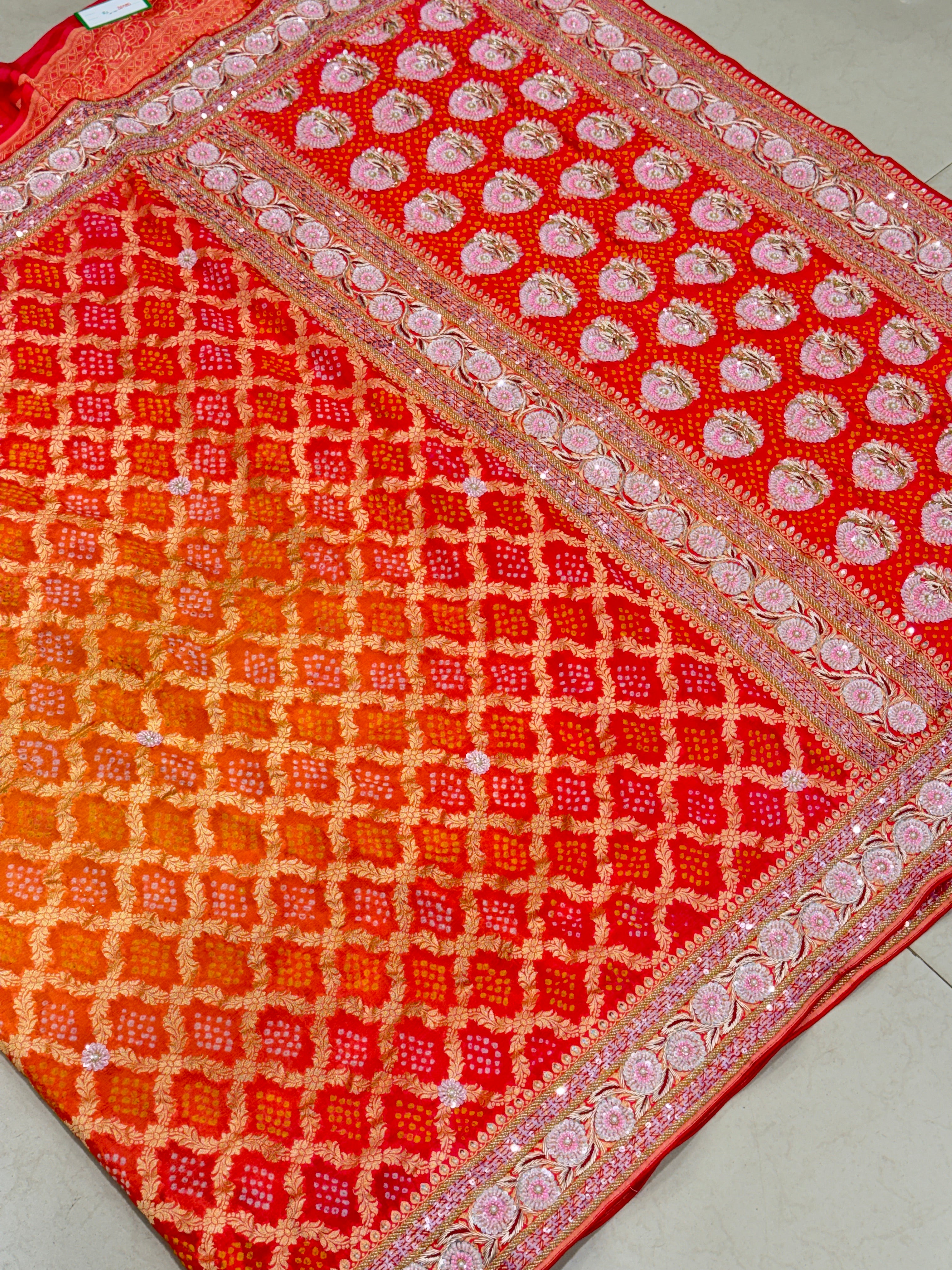 Shaded Peach Orange Bandhej Hand Embroidery Saree