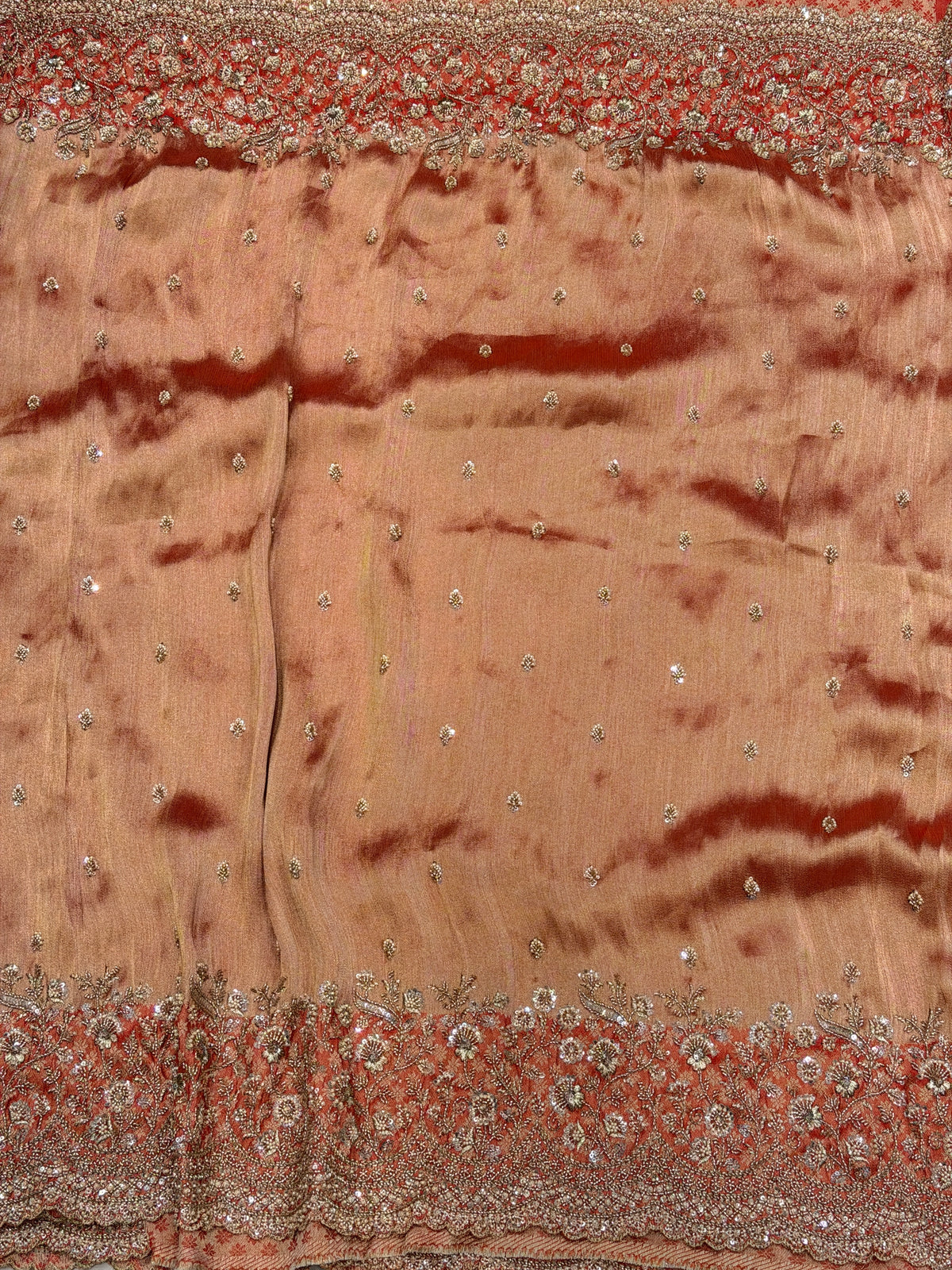 Rust Orange Crepe Tissue Embroidery Ready Blouse Saree