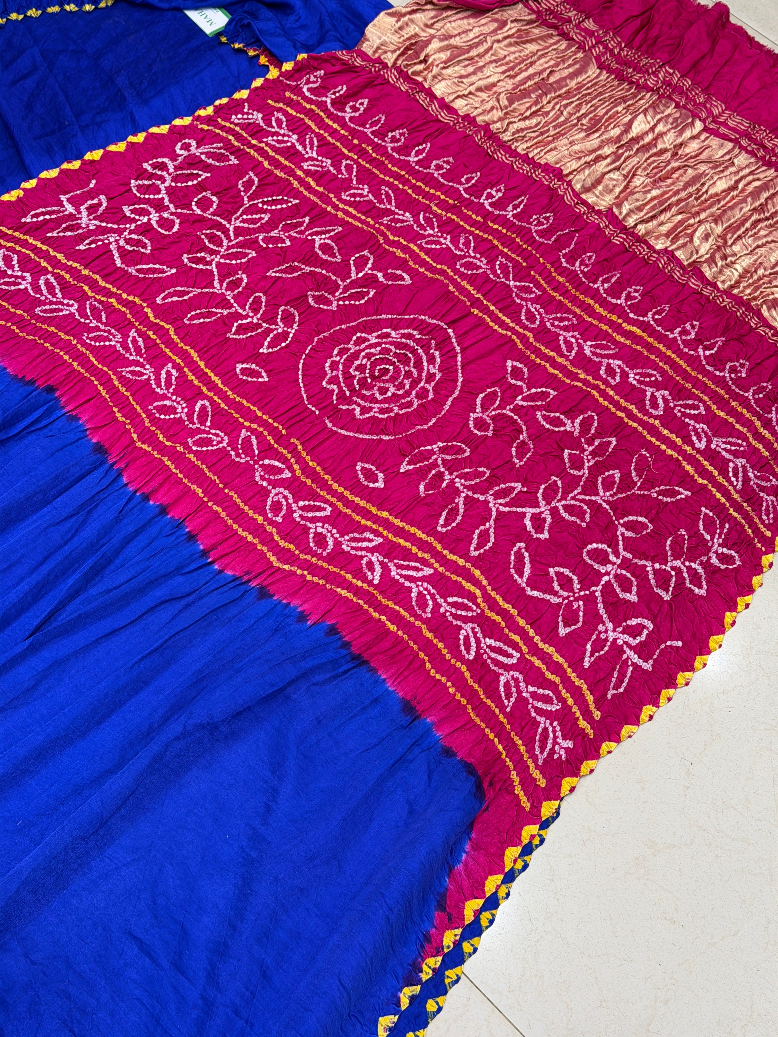 Blue Rani Rasmandal Pure Gajji Silk Rai Bandhej Hand Made Saree
