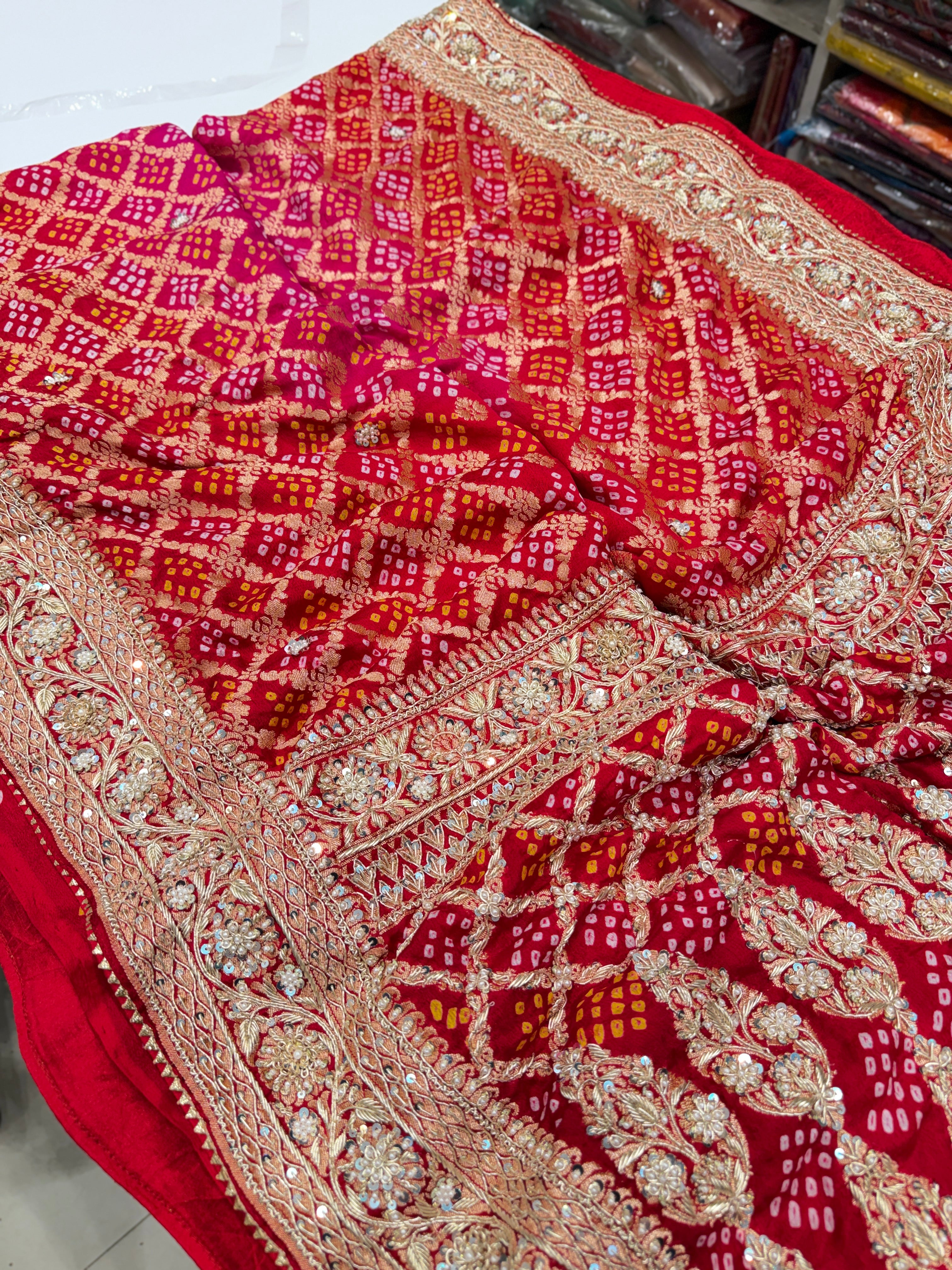 Red Rani Shaded Bandhej Zardosi Hand Embroidery Georgette Saree