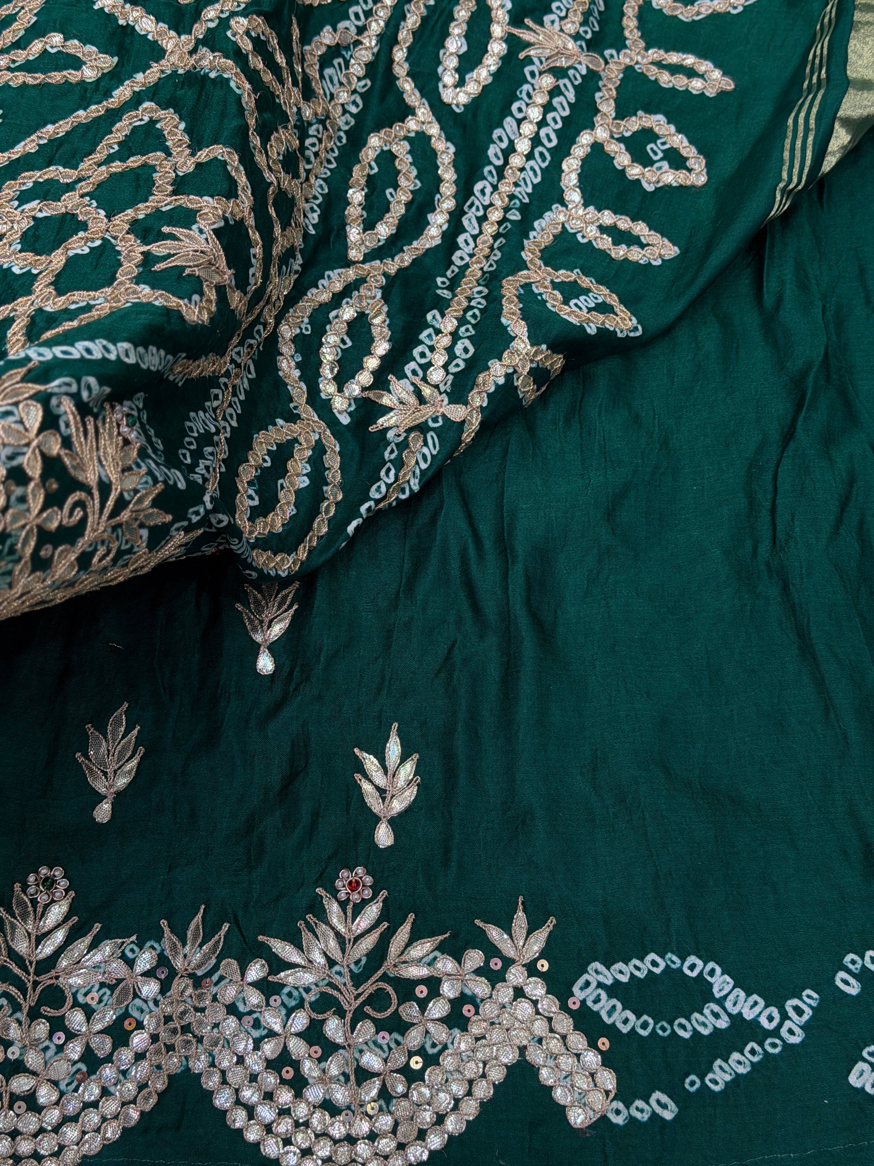 Bottle Green Gajji Silk Bandhej Gotapatti Hand Embroidery Saree