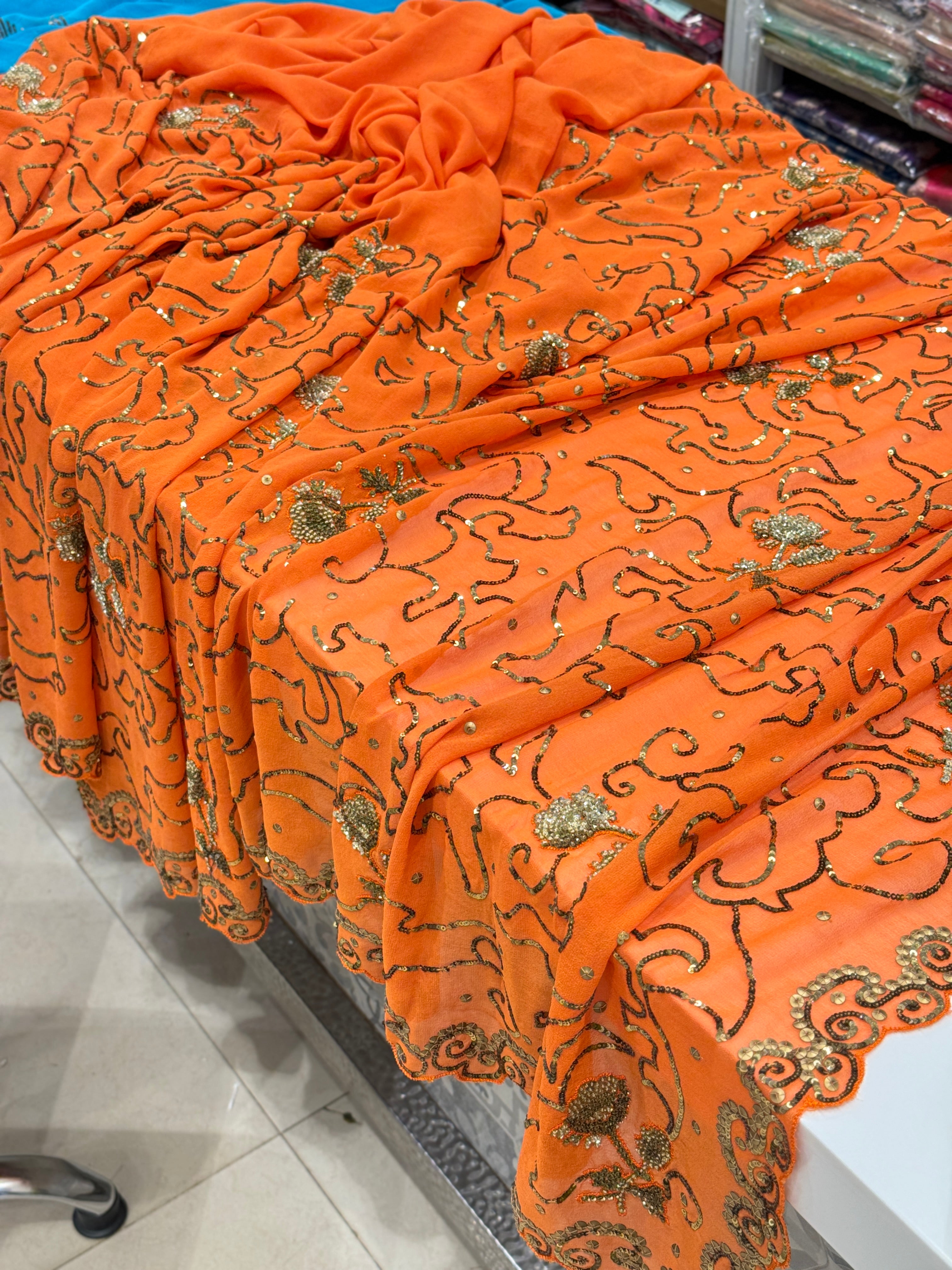 Orange Georgette Antique Sequin Hand Embroidery Saree