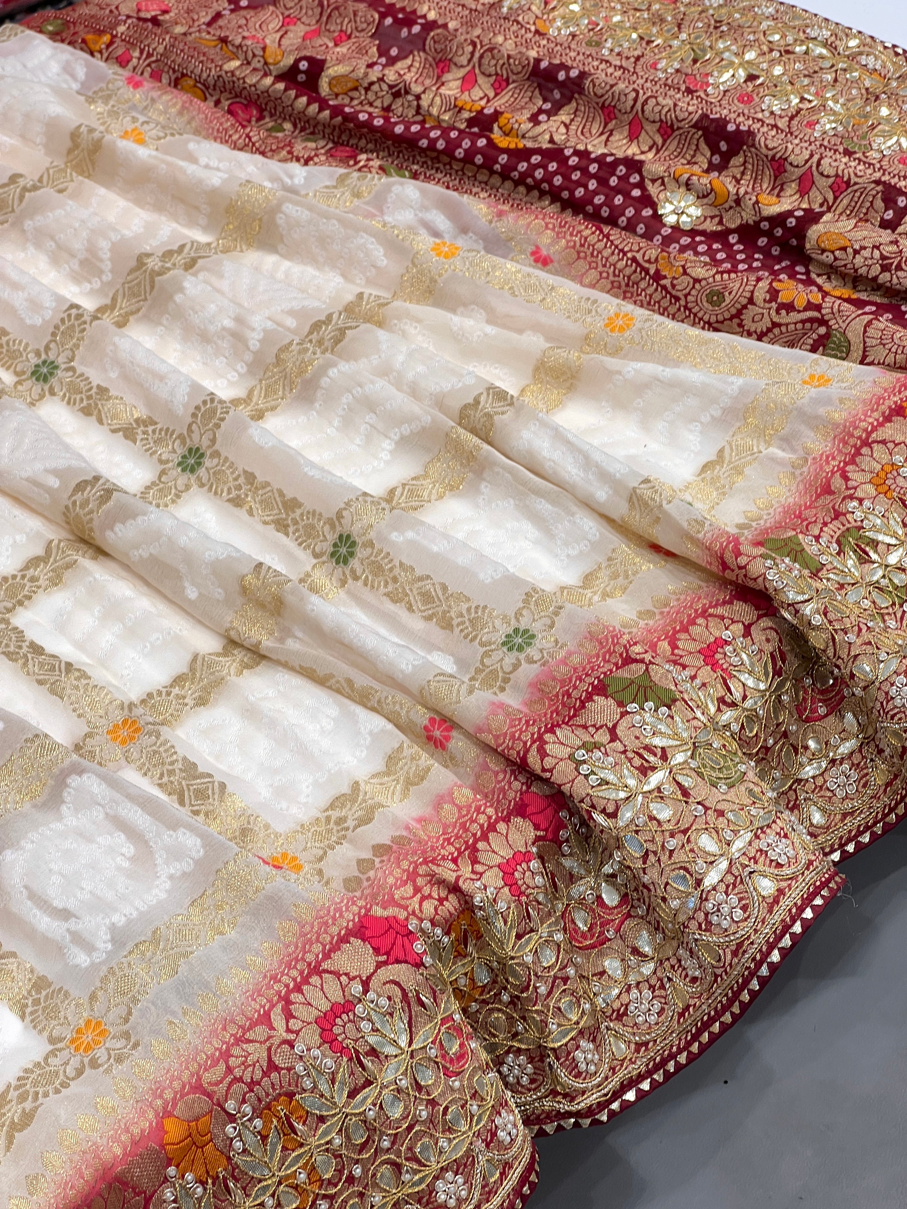 Beige Gharchola Gotapatti Saree