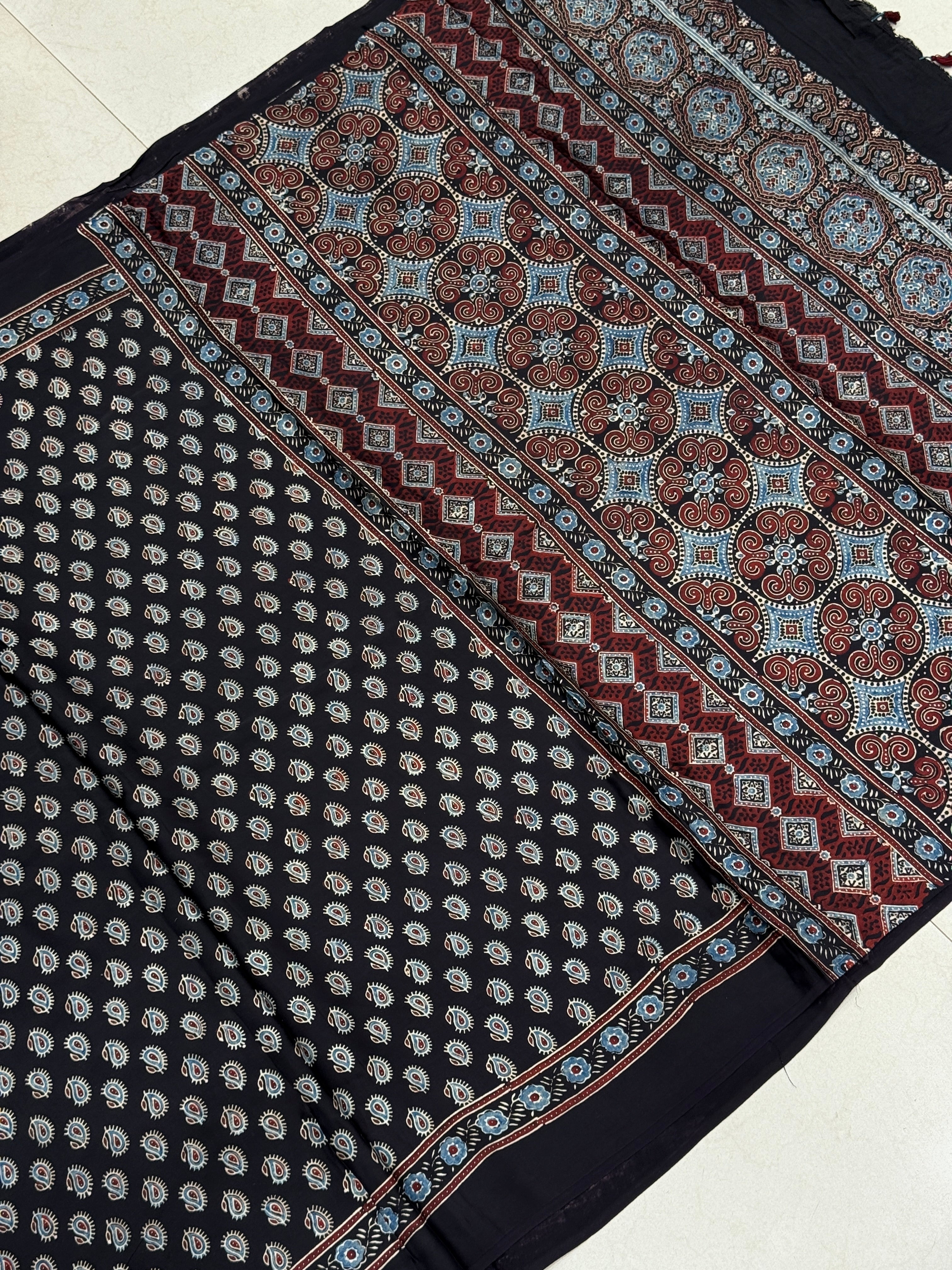 Black Keri Butti Ajrakh Modal Gajji Silk Saree