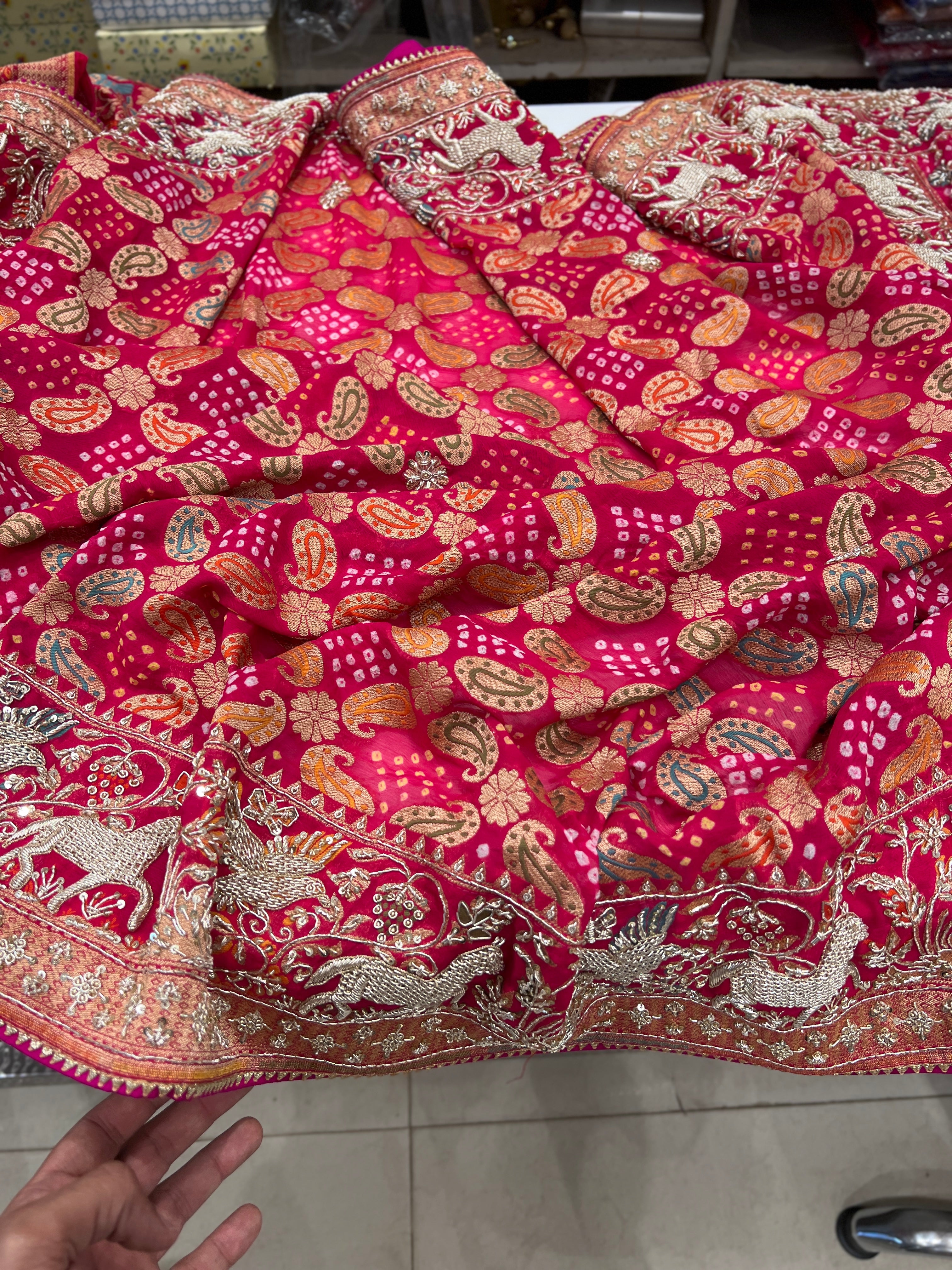 Pinkish Red Bandhej Meenakari Zardozi Saree