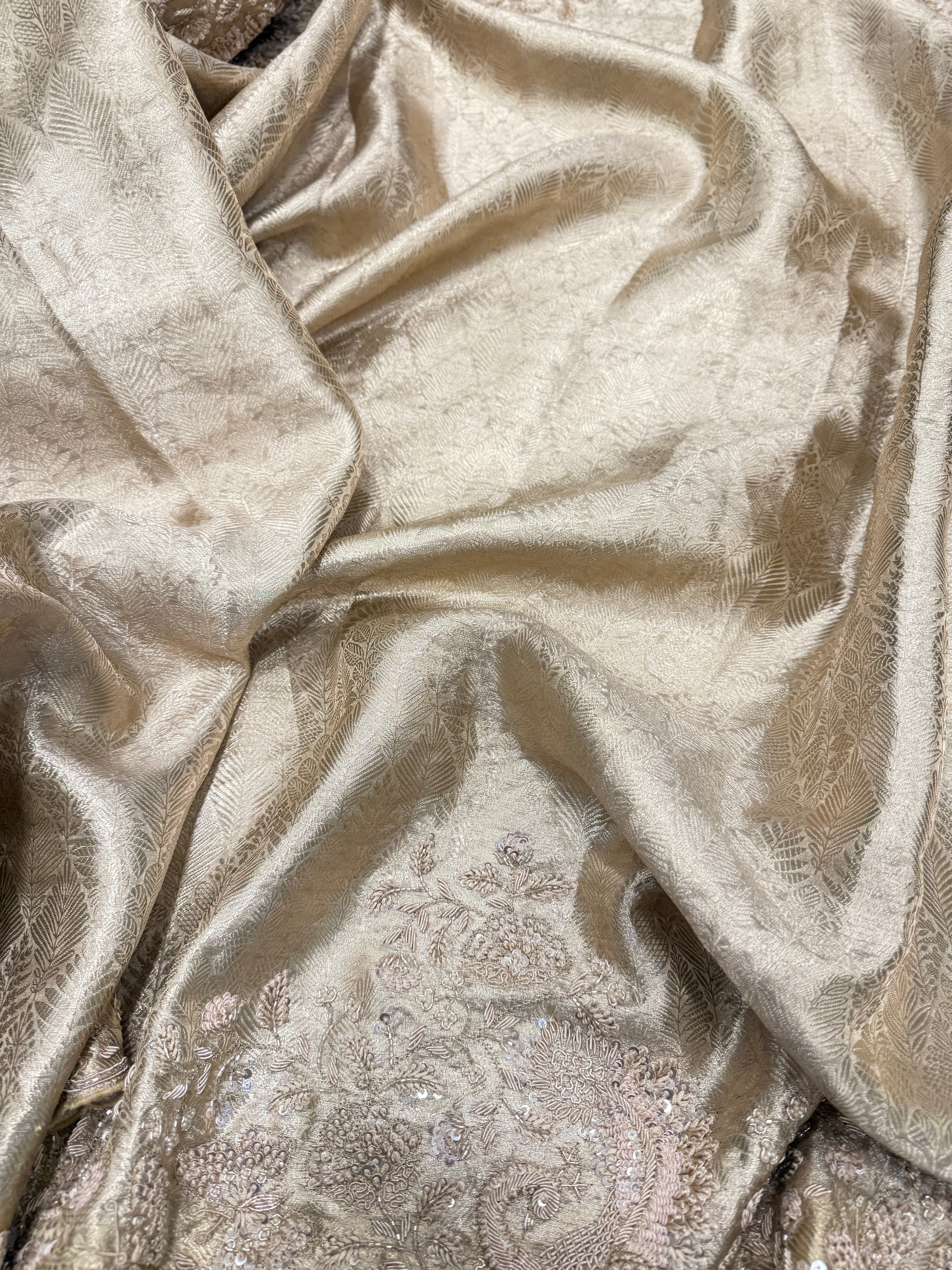 Light Gold Tissue Kanjivaram Zardosi Hand Embroidery Saree