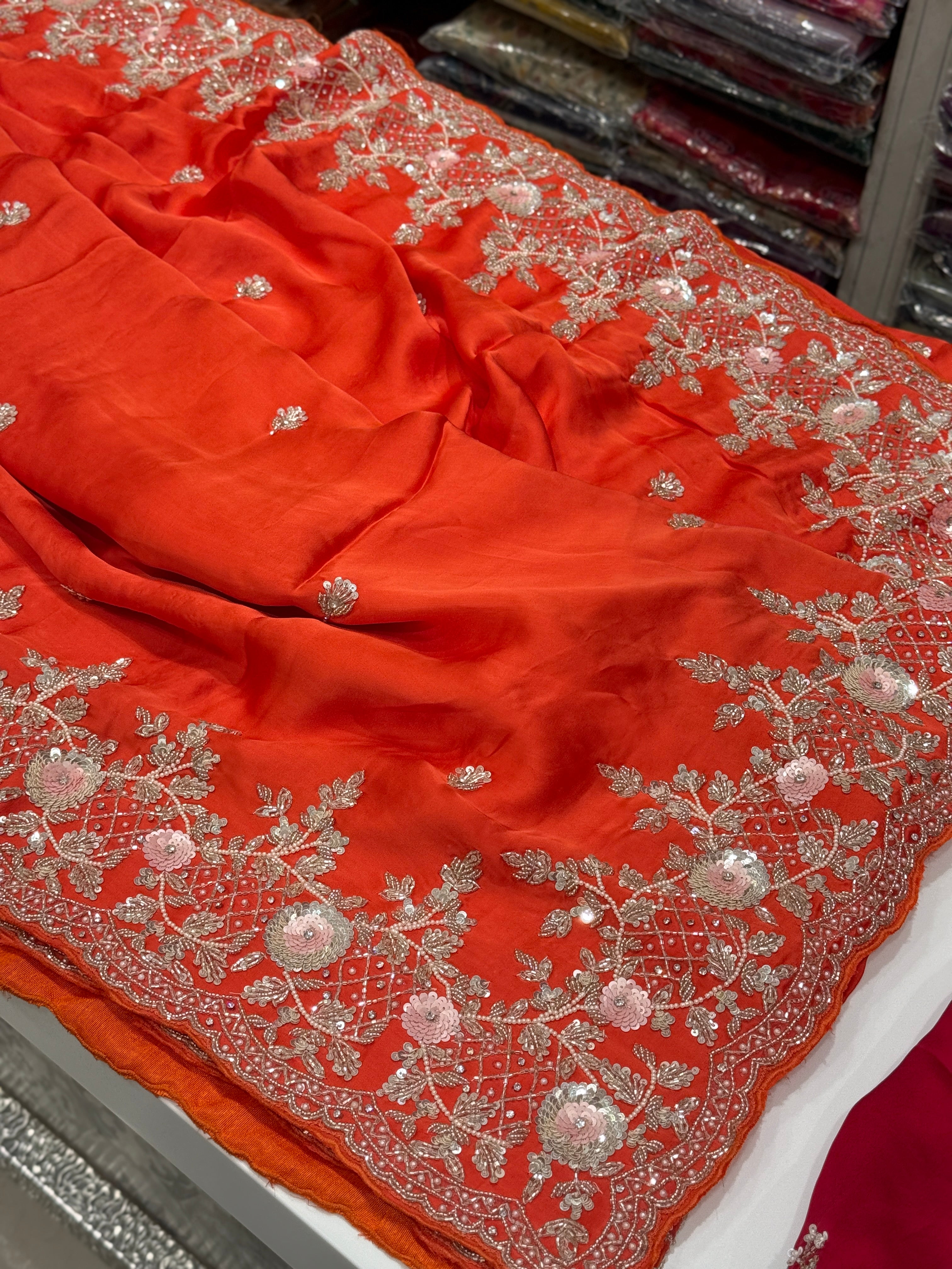 Orange Satin Sequin Moti Border Hand Embroidery Saree