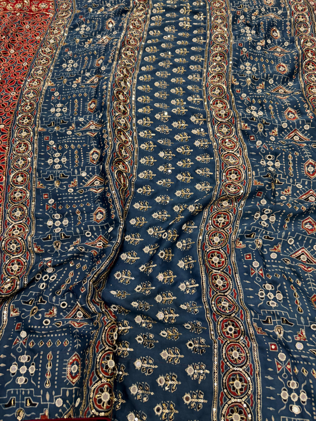 Red Blue Jaal Ajrakh Real Mirror Moti Sequin Hand Embroidery Saree