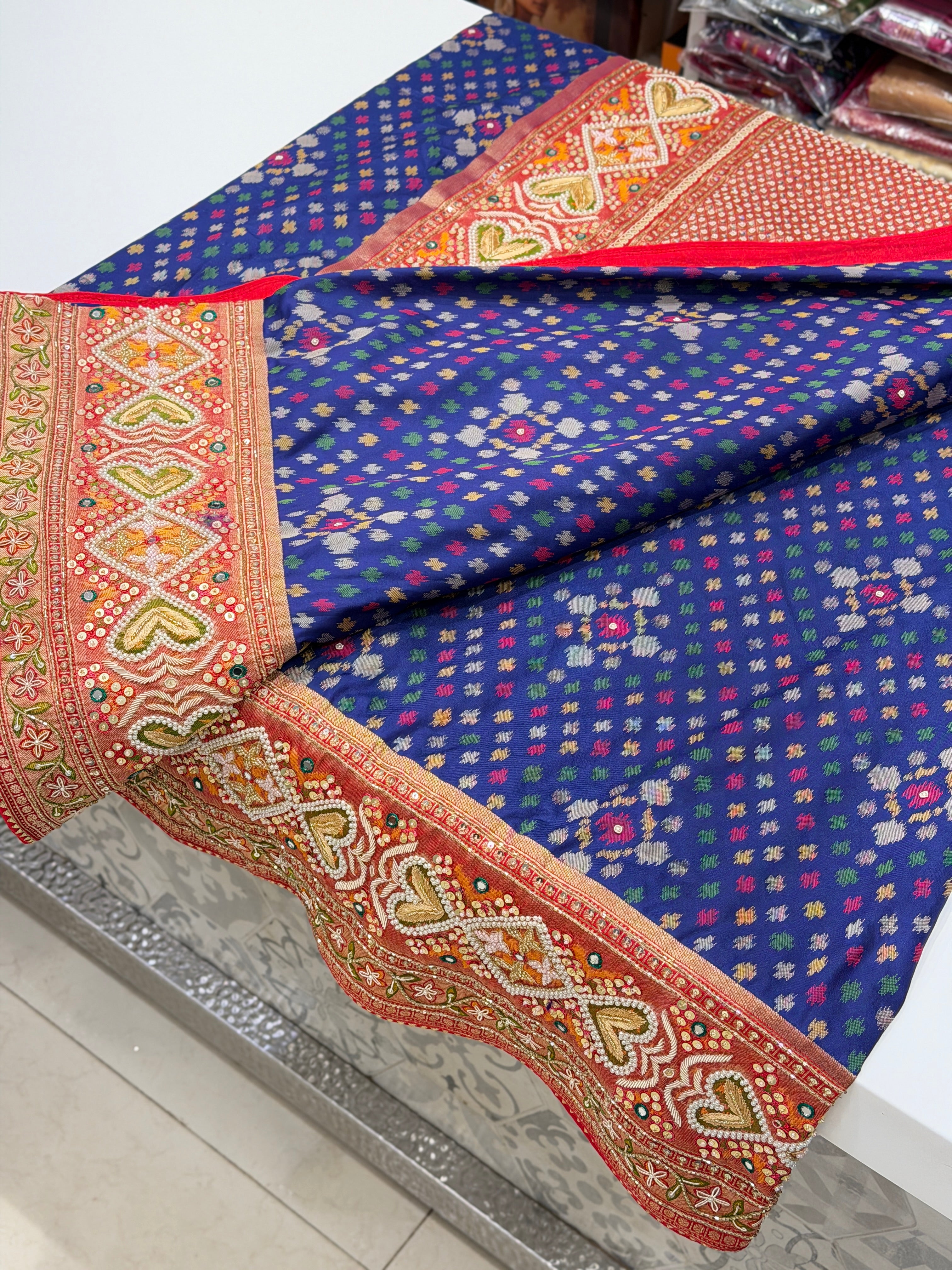 Blue Patola Ikat Weave Hand Embroidery Zardosi Kidiya Moti Hand Embroidery Saree