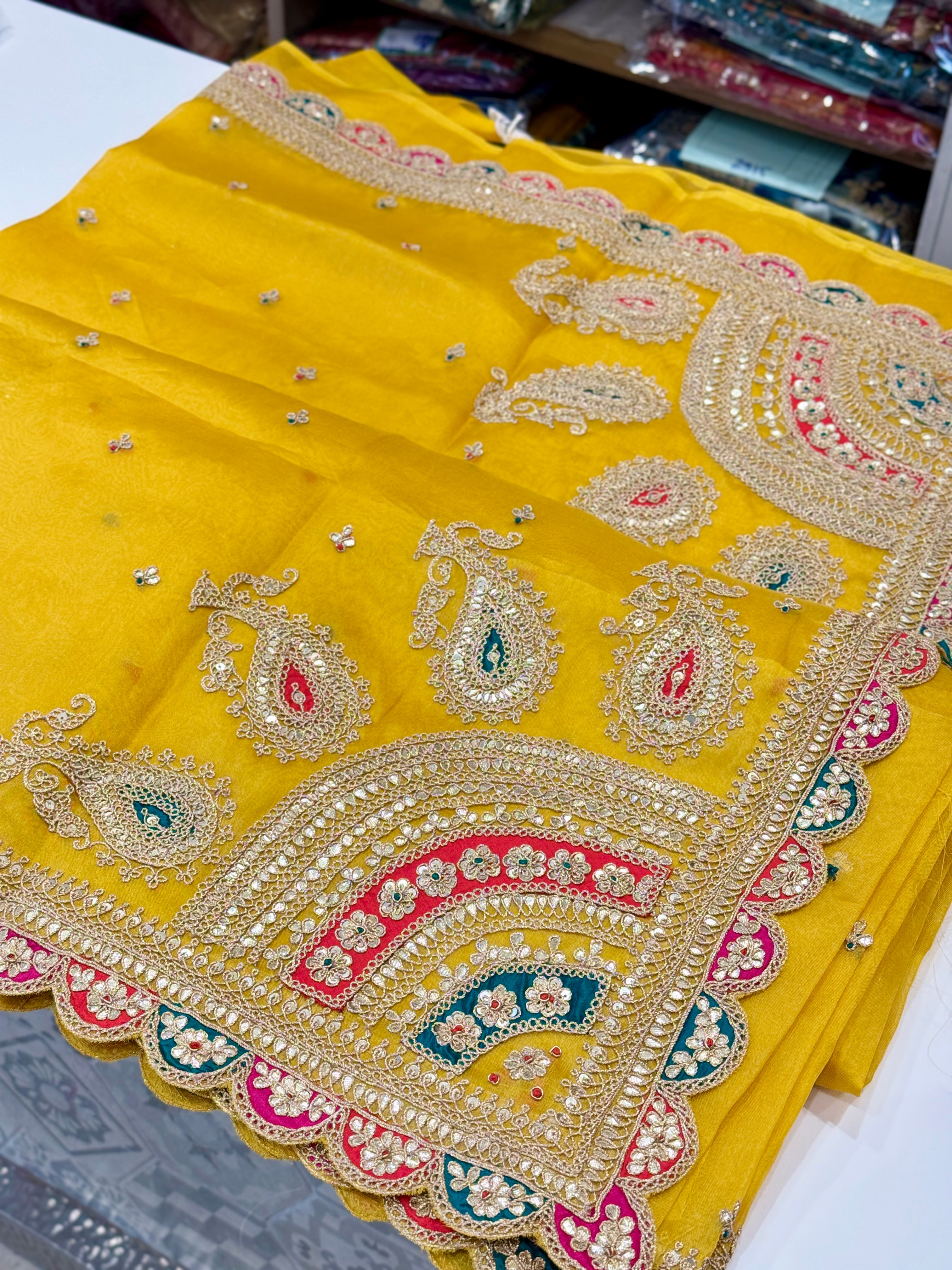 Yellow Organza Marodi Gotapatti Embroidery Saree