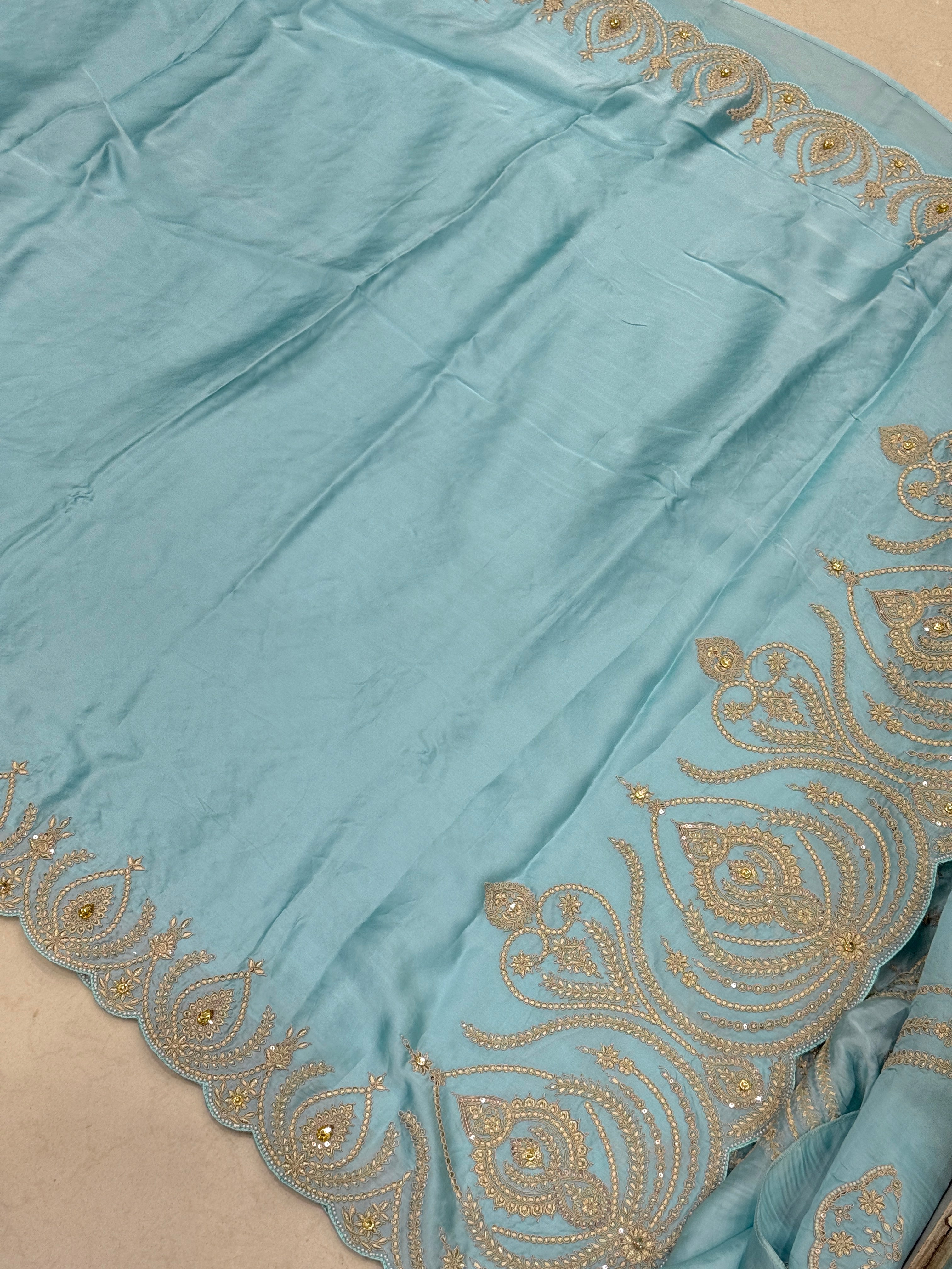 Blue Satin Organza Zari & Thread Embroidery Saree