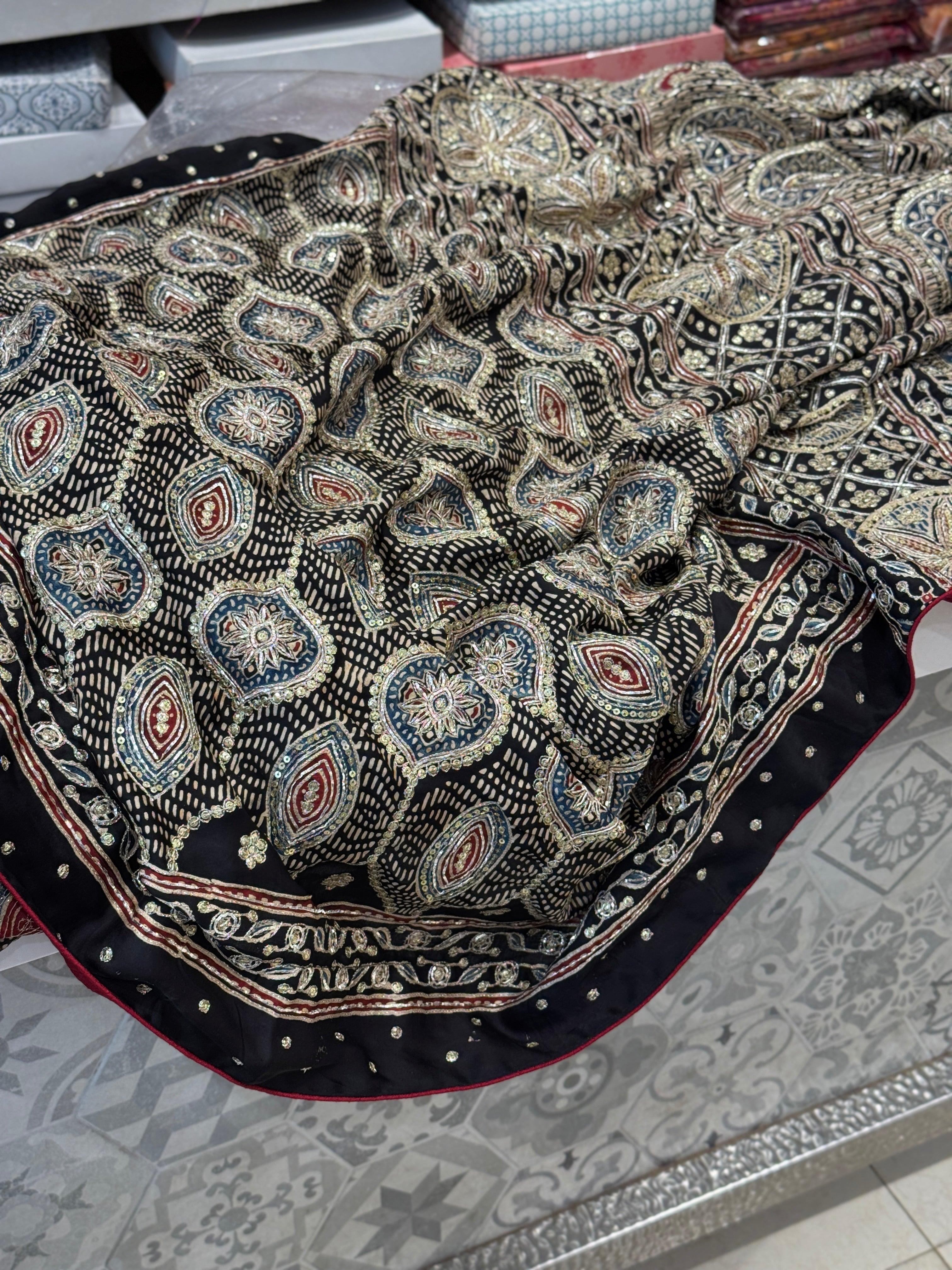 Ajrakh Hand Embroidery Zardosi and Pita Work