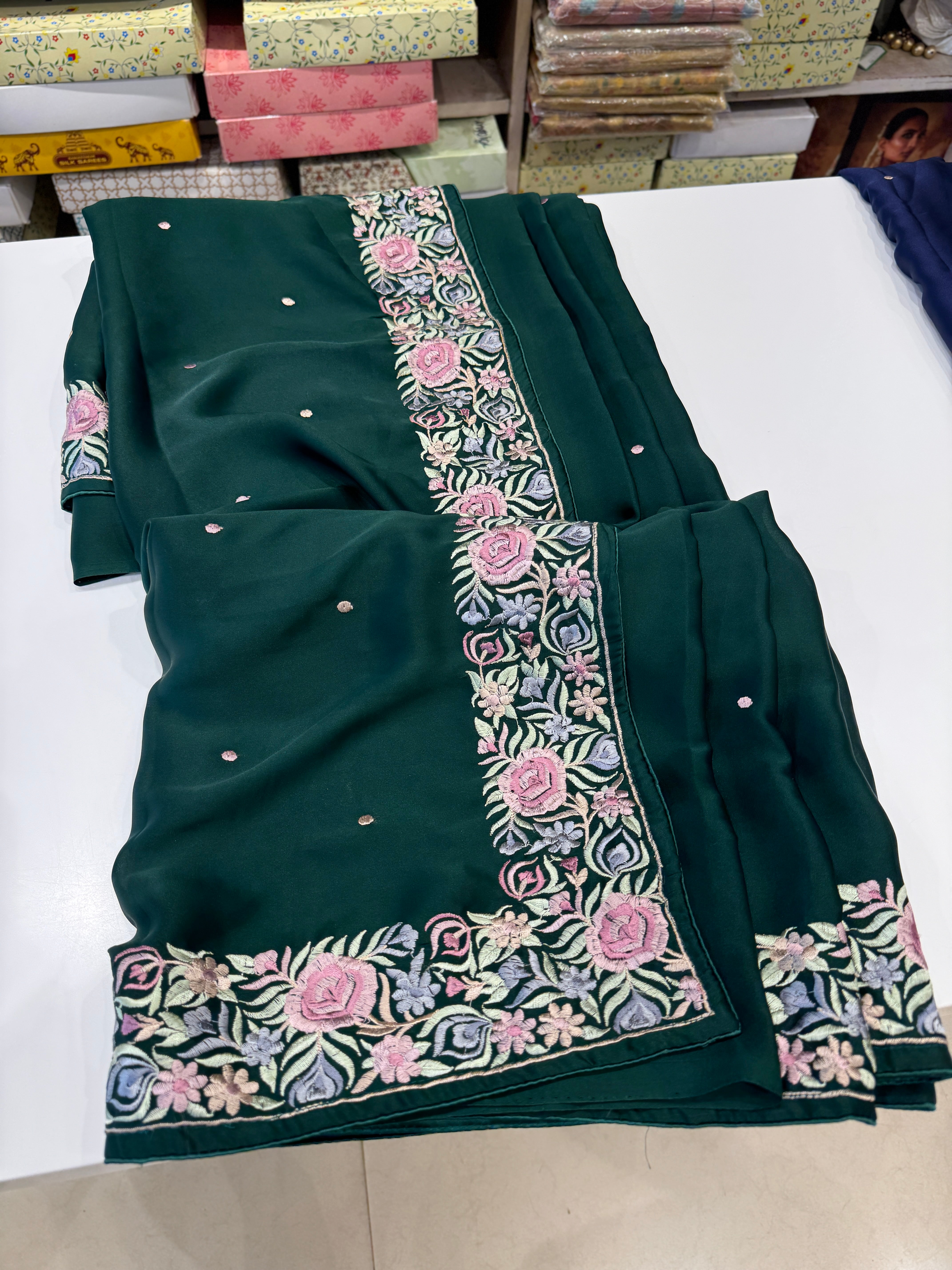 Bottle Green Satin Parsi Gara Saree