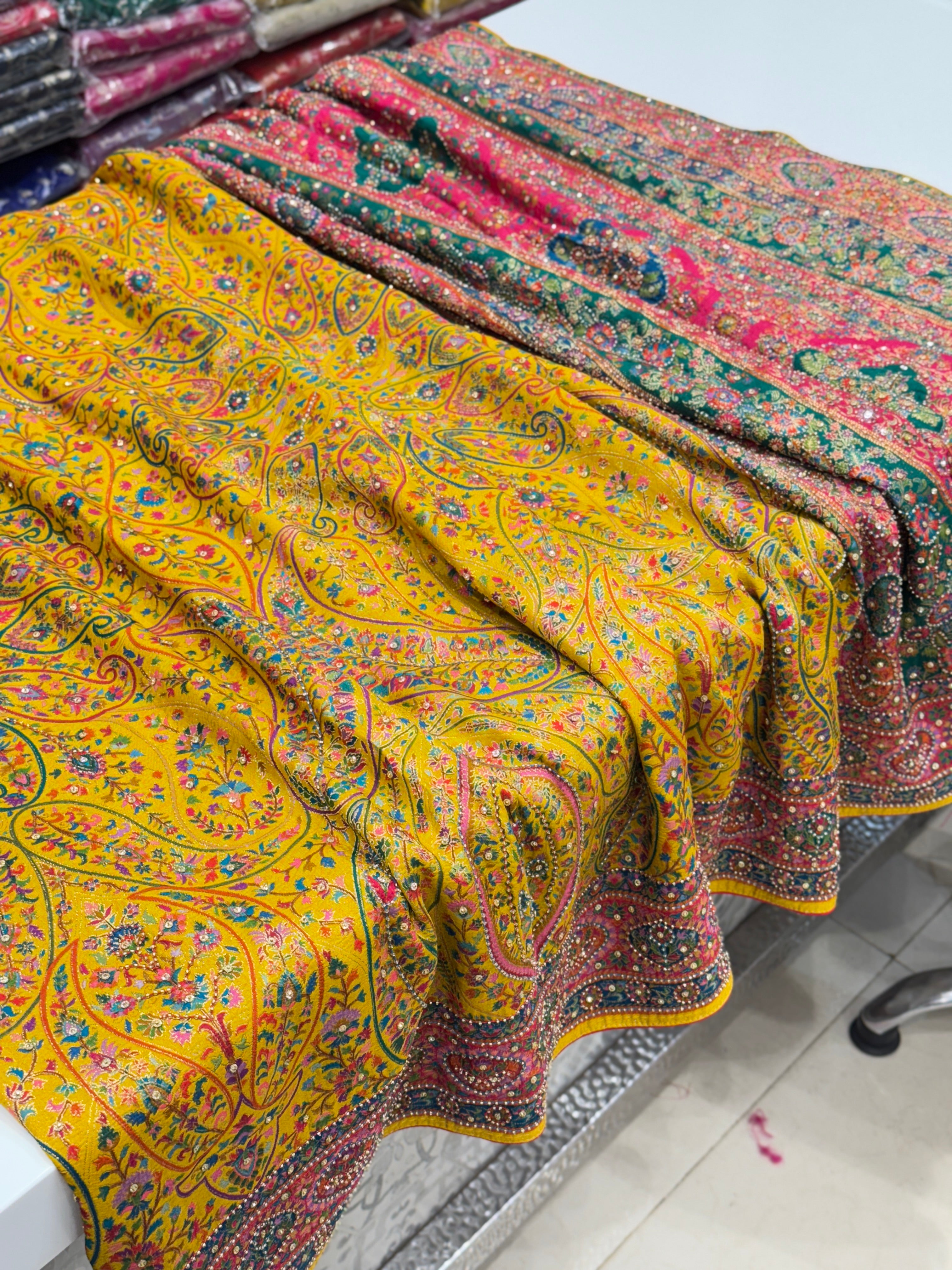 Yellow Banarasi Munga Pashmina Style Hand Embroidery Saree